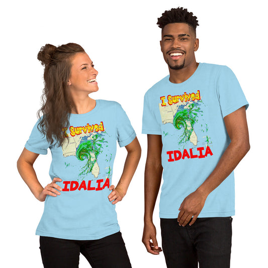 A picture of a man and a woman wearing matching tshirts with I SURVIVED Hurricane IDALIA Unisex T-Shirt - in ocean blue