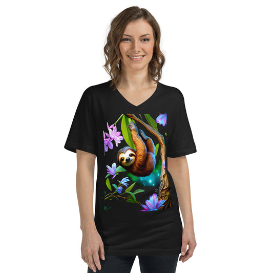 A picture of a woman wearing a black v-neck short sleeve tshirt with a bright picture of a sloth hanging from a tree and flowers - front side