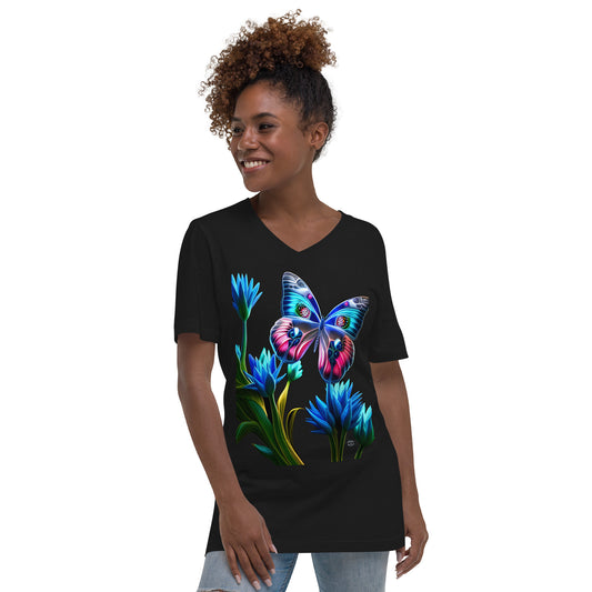 A picture of a woman wearing a v-neck short sleeve tshirt with a picture of a very colorful butterfly and flowers on the front - black - front side
