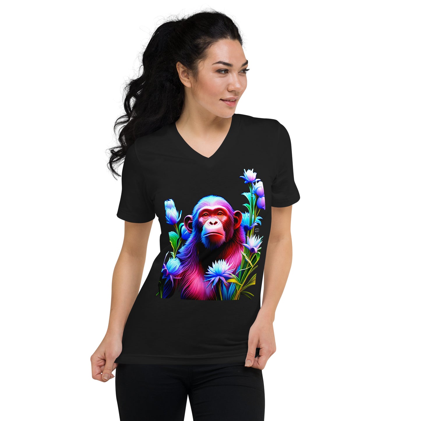 A picture of a woman wearing a v-neck short sleeve tshirt with a picture of a very colorful chimpanzee and flowers on the front - black - front side