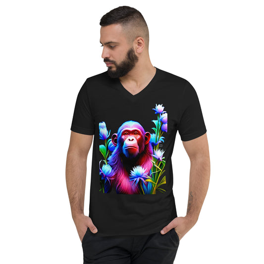 A picture of a man wearing a v-neck short sleeve tshirt with a picture of a very colorful chimpanzee and flowers on the front - black - front side