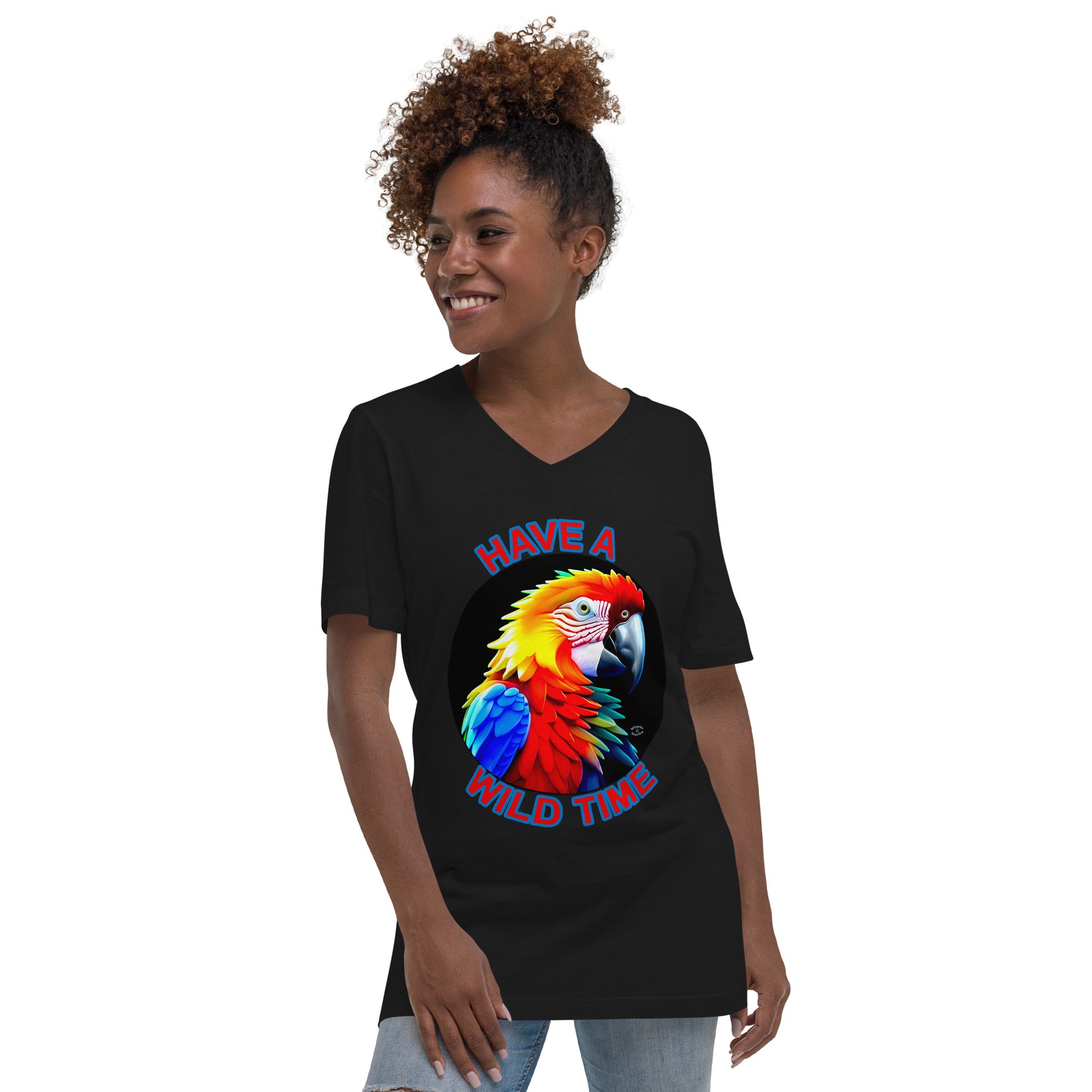A picture of a women wearing a tshirt with the picture of a bright and colorful rainbow macaw parrot and the text HAVE A WILD TIME - black front