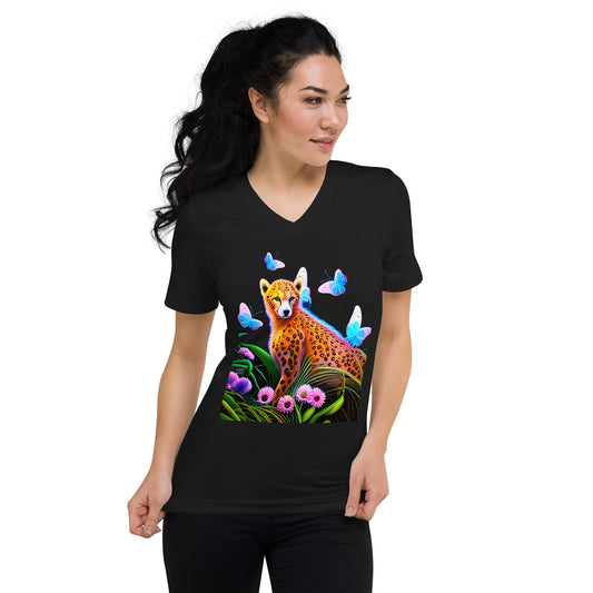 A picture of a woman wearing a tshirt with a cheetah surrounded by butterflies and sitting in colorful flowers - black front