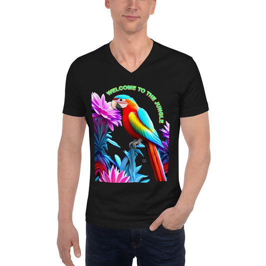 A picture of a man wearing a tshirt with the picture of a Rainbow colored macaw surrounded by flowers and the text WELCOME TO THE JUNGLE - black front