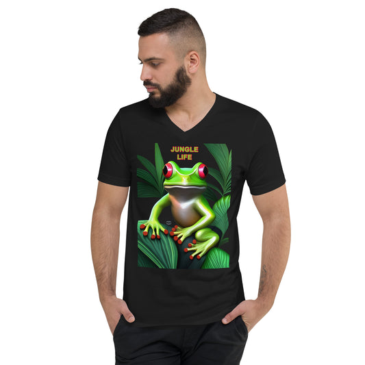 A picture of a man wearing a tshirt with a green frog poking through some leaves and the text JUNGLE LIFE - black front
