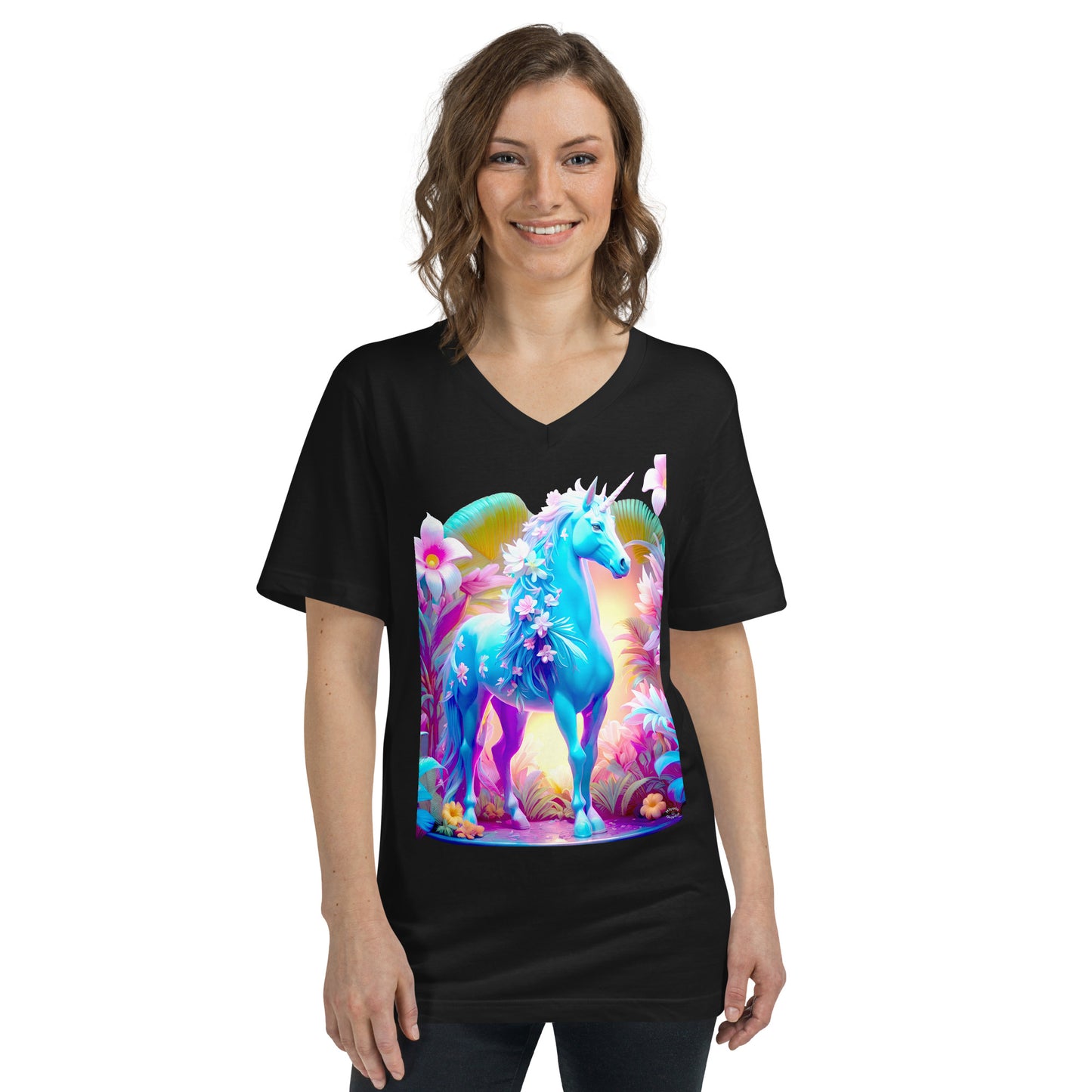 A picture of a woman wearing a tshirt with a brightly colored unicorn surrounded by a colorful garden - Jungle Unicorn Unisex Short Sleeve V-Neck TShirt Media - ft - black
