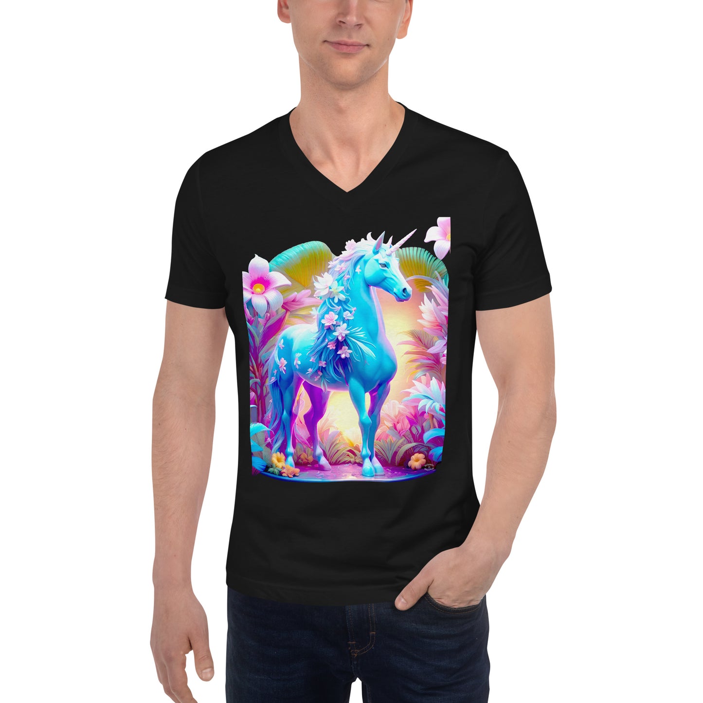 A picture of a man wearing a tshirt with a brightly colored unicorn surrounded by a colorful garden - Jungle Unicorn Unisex Short Sleeve V-Neck TShirt Media - ft - black