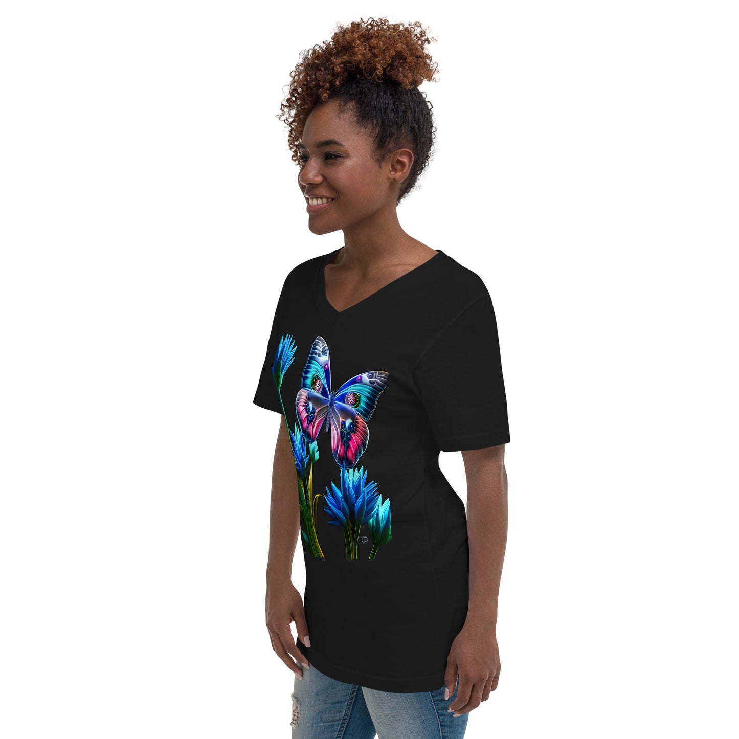 A picture of a woman wearing a v-neck short sleeve tshirt with a picture of a very colorful butterfly and flowers on the front - black - left front side