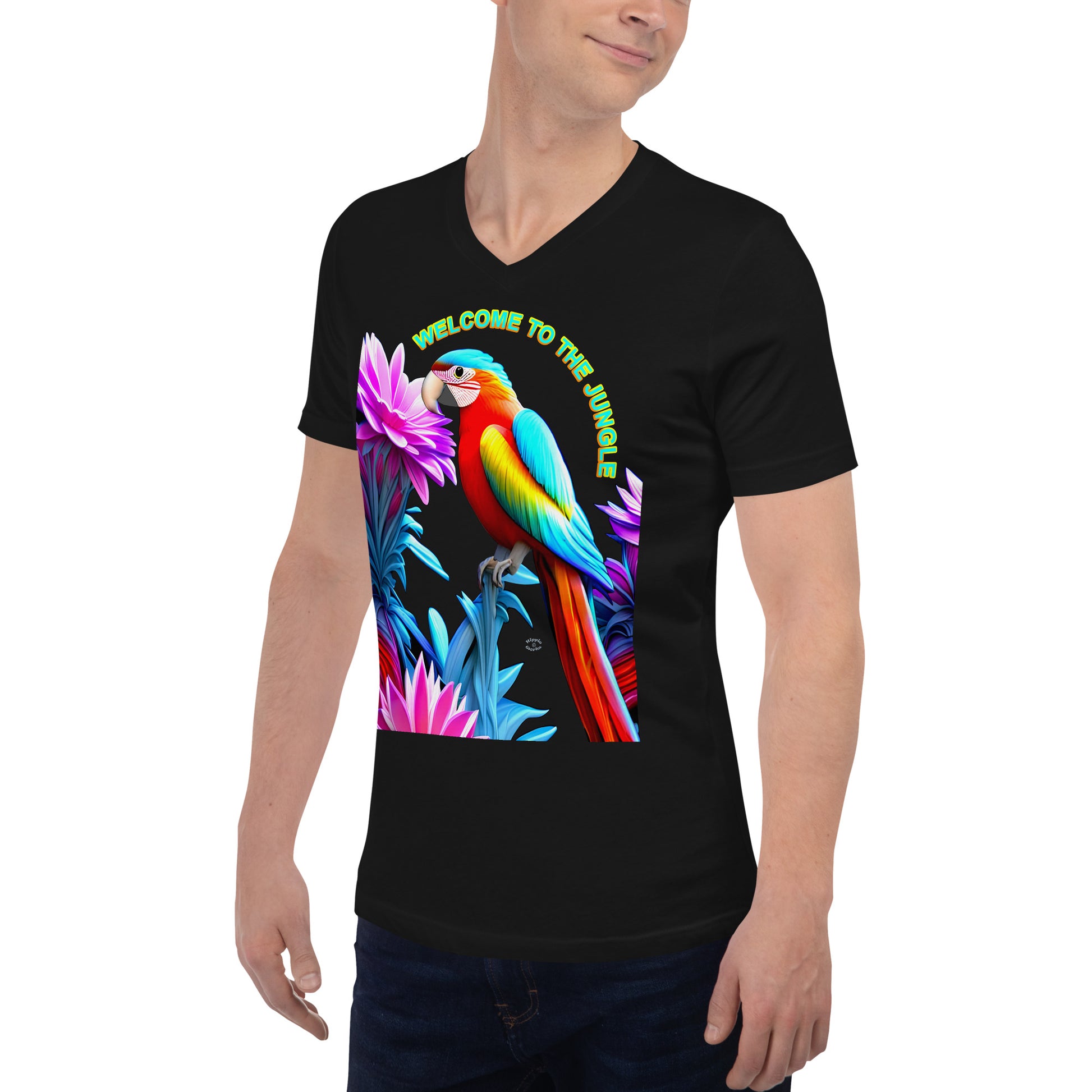 A picture of a man wearing a tshirt with the picture of a Rainbow colored macaw surrounded by flowers and the text WELCOME TO THE JUNGLE - black left front