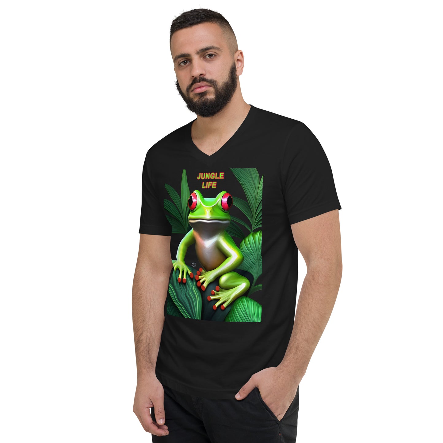 A picture of a man wearing a tshirt with a green frog poking through some leaves and the text JUNGLE LIFE - black left front
