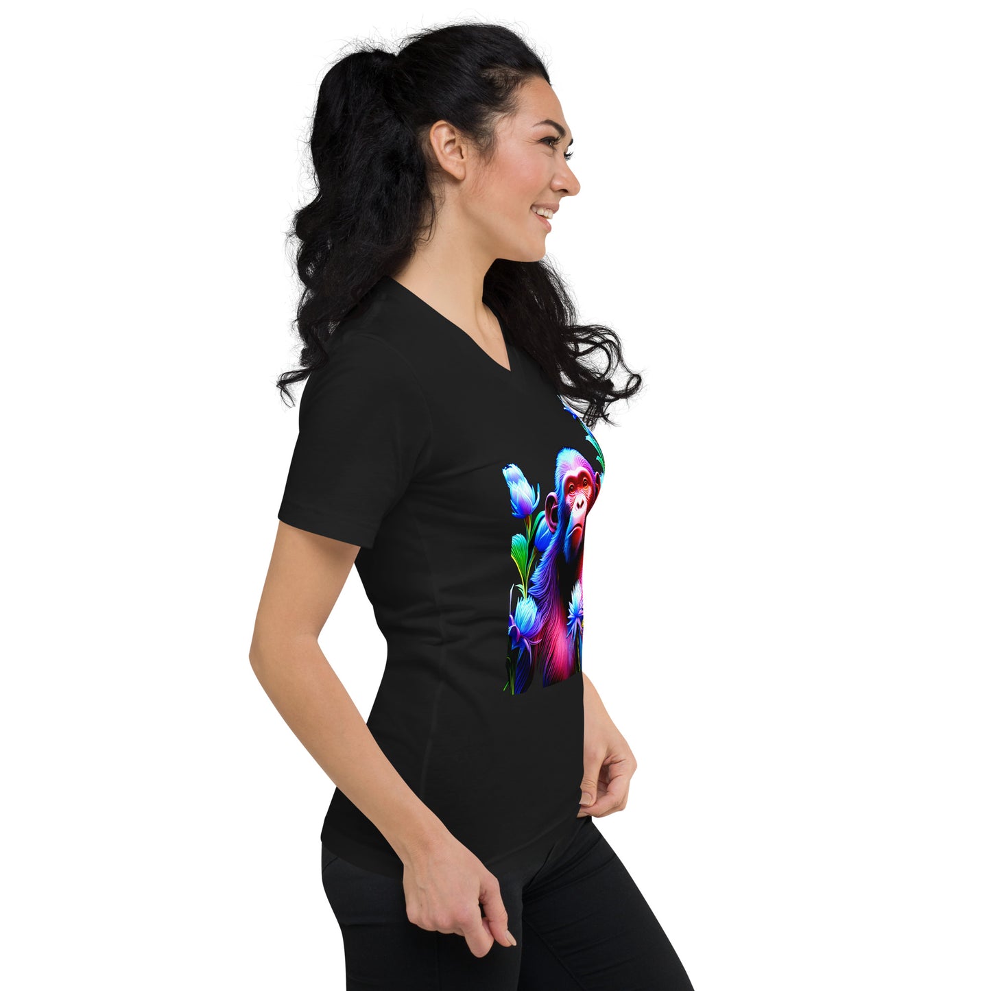 A picture of a woman wearing a v-neck short sleeve tshirt with a picture of a very colorful chimpanzee and flowers on the front - black - right front side