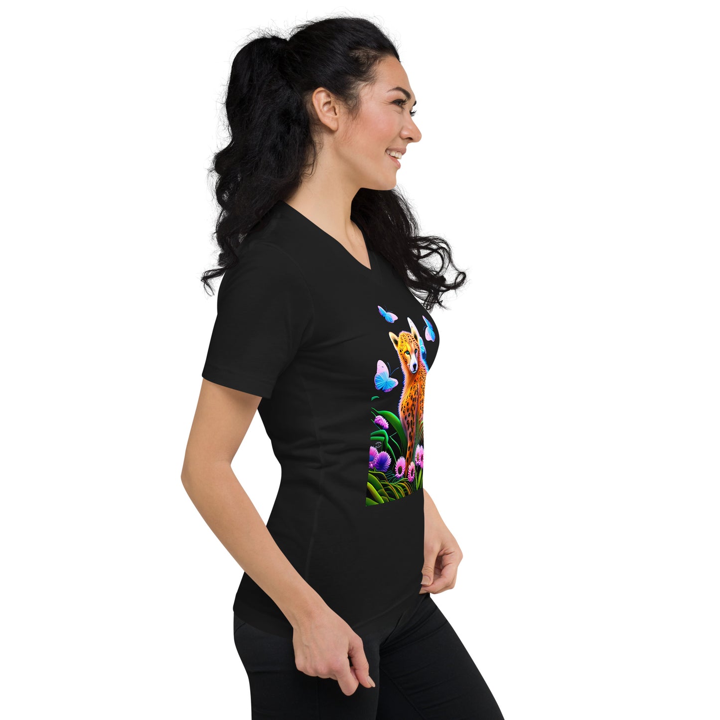 A picture of a woman wearing a tshirt with a cheetah surrounded by butterflies and sitting in colorful flowers - black right front