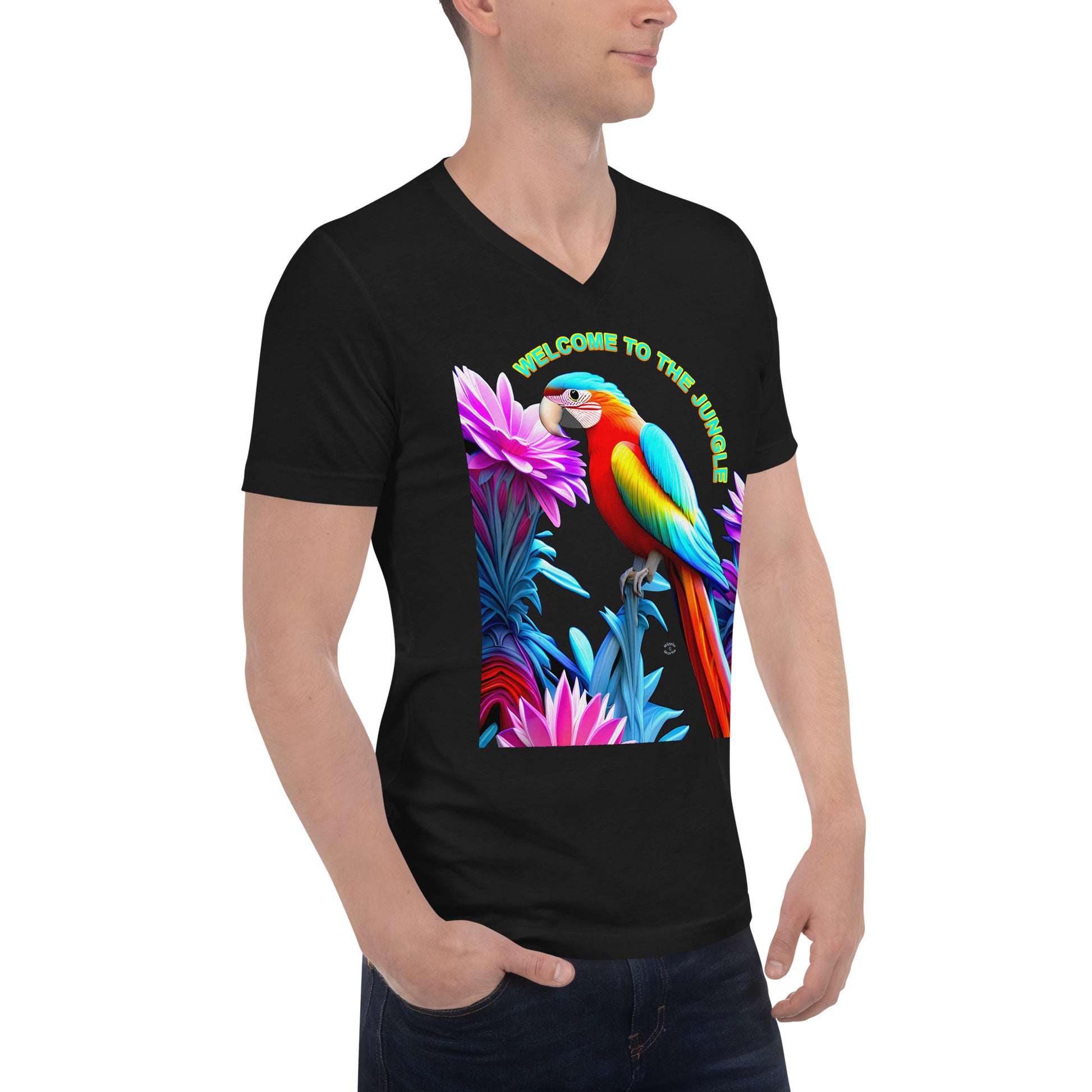 A picture of a man wearing a tshirt with the picture of a Rainbow colored macaw surrounded by flowers and the text WELCOME TO THE JUNGLE - black right front