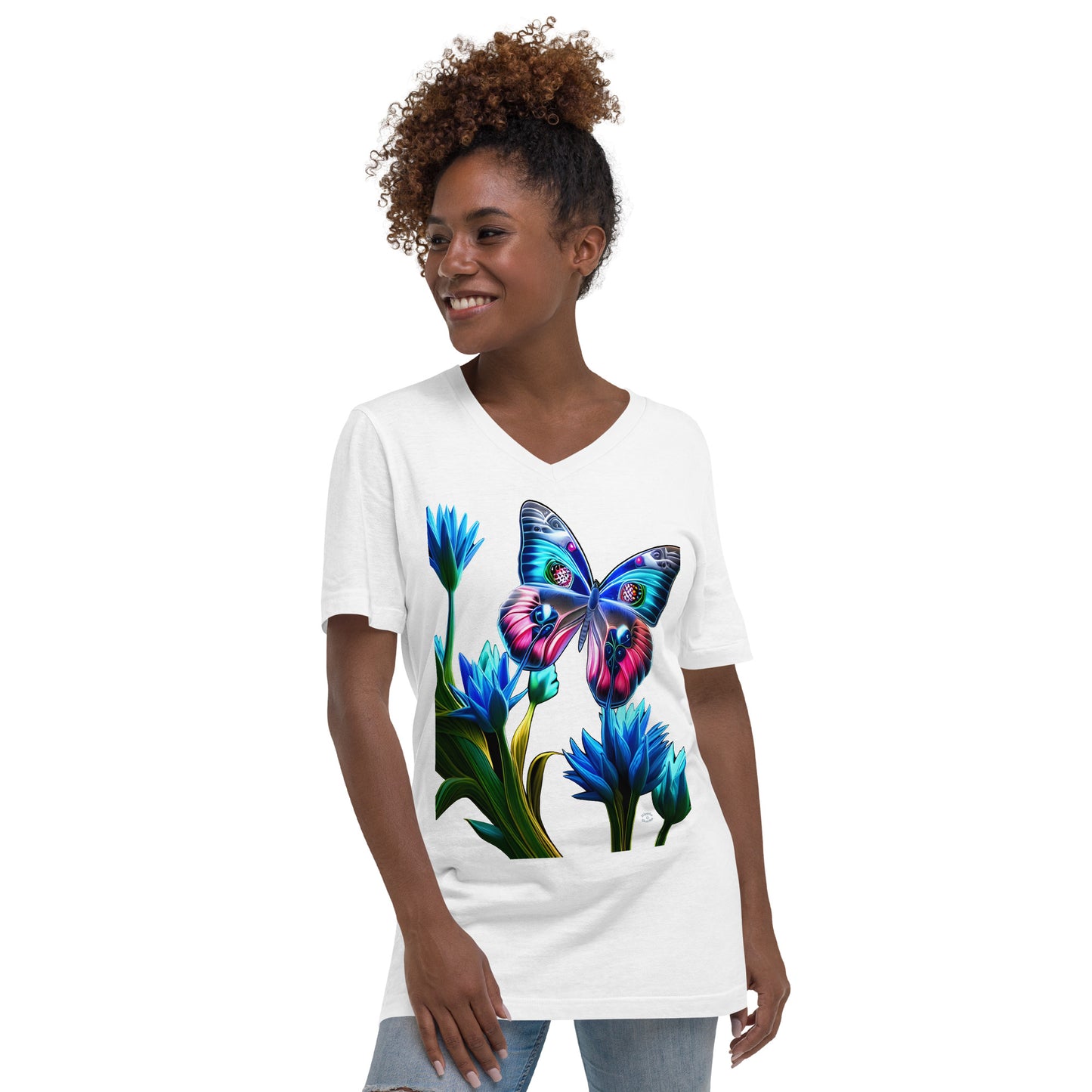 A picture of a woman wearing a v-neck short sleeve tshirt with a picture of a very colorful butterfly and flowers on the front - white - front side