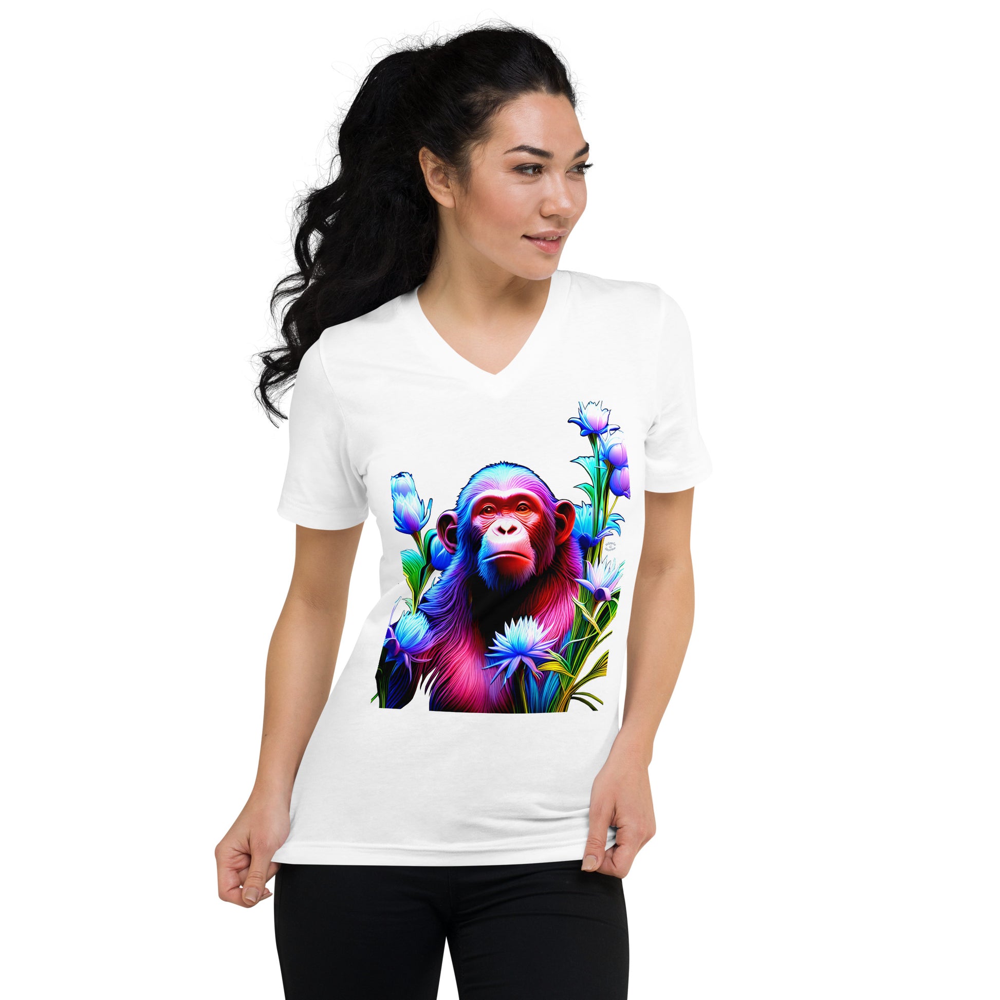 A picture of a woman wearing a v-neck short sleeve tshirt with a picture of a very colorful chimpanzee and flowers on the front - white - front side