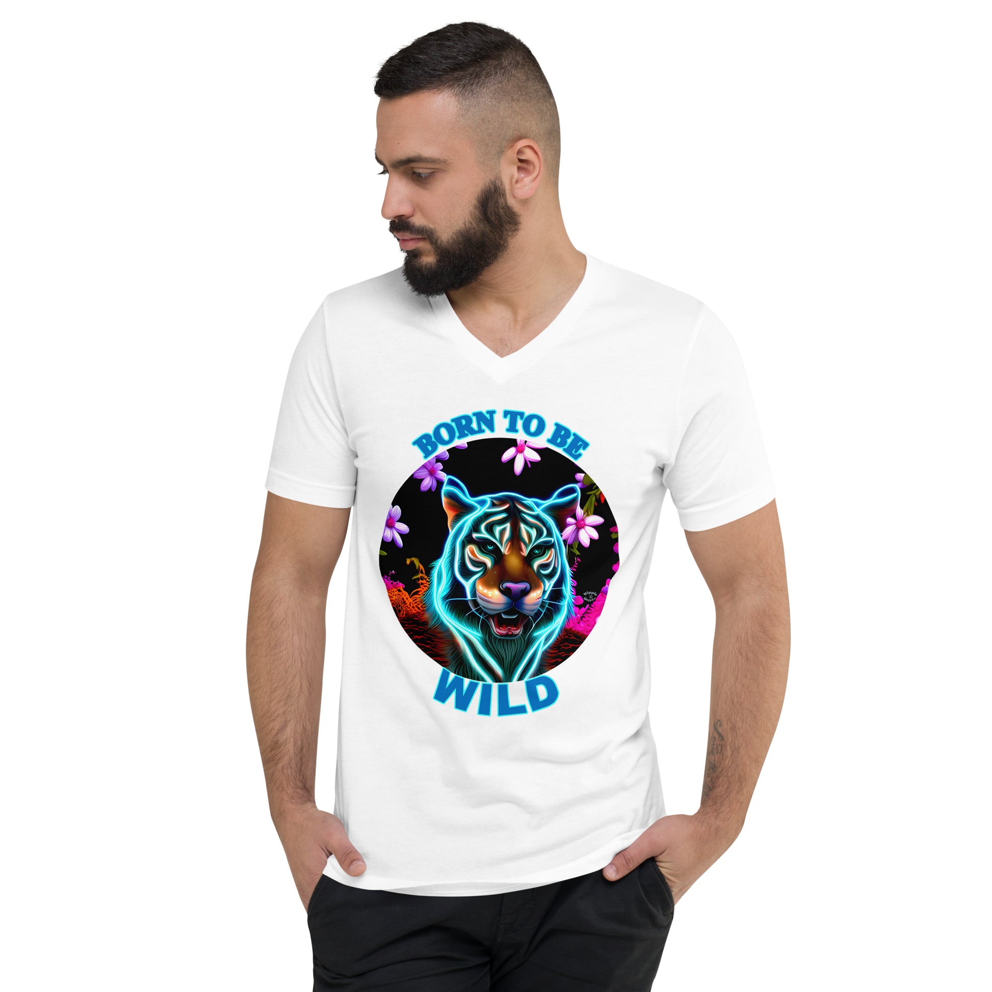 A picture of a man wearing a tshirt with the picture of a neon tiger surrounded by flowers and the text BORN TO BE WILD - white front