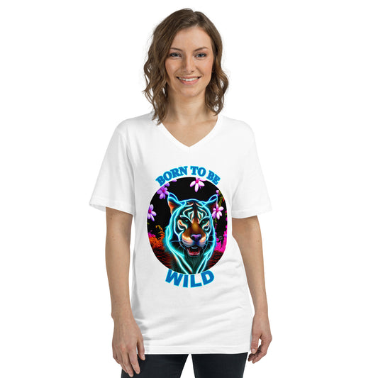 A picture of a women wearing a tshirt with the picture of a neon tiger surrounded by flowers and the text BORN TO BE WILD - white front