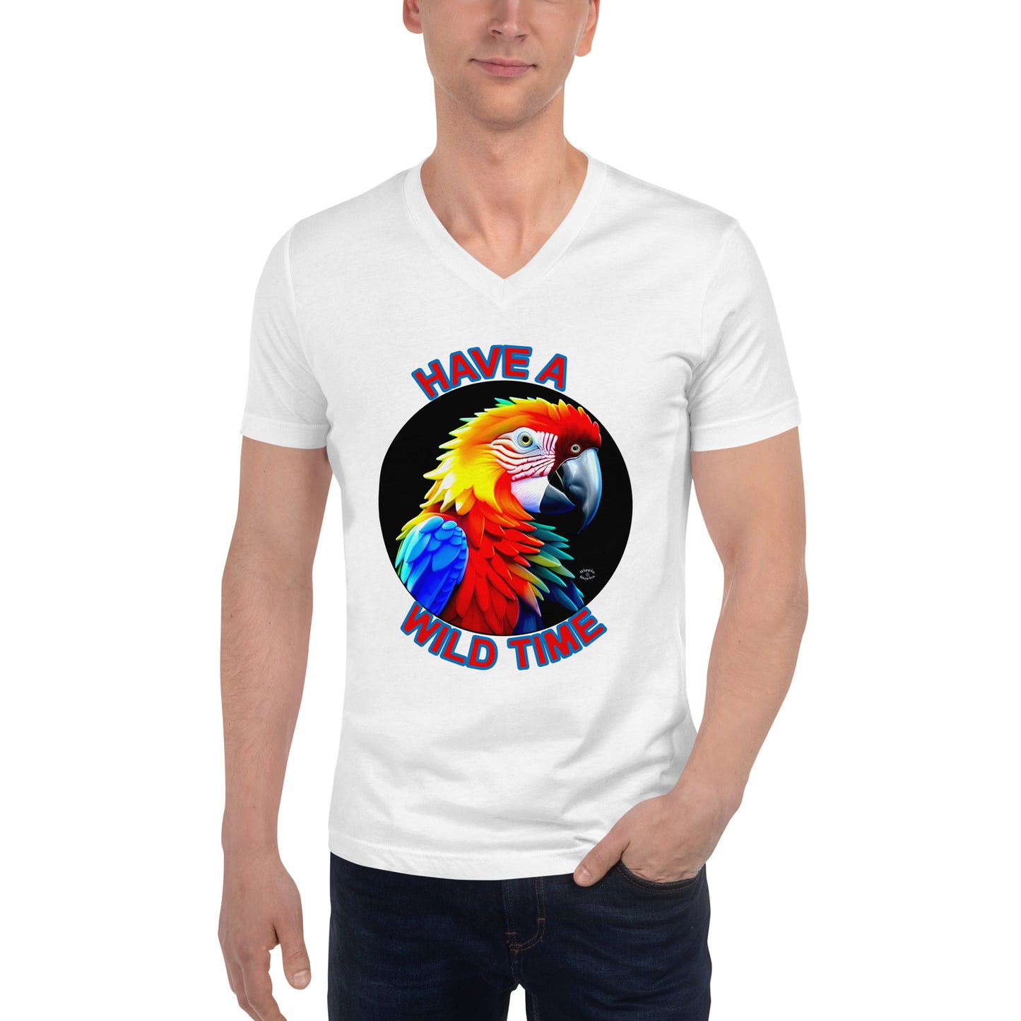 A picture of a man wearing a tshirt with the picture of a bright and colorful rainbow macaw parrot and the text HAVE A WILD TIME - white front