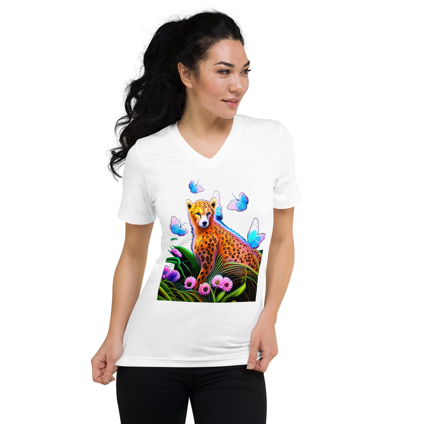 A picture of a woman wearing a tshirt with a cheetah surrounded by butterflies and sitting in colorful flowers - white front