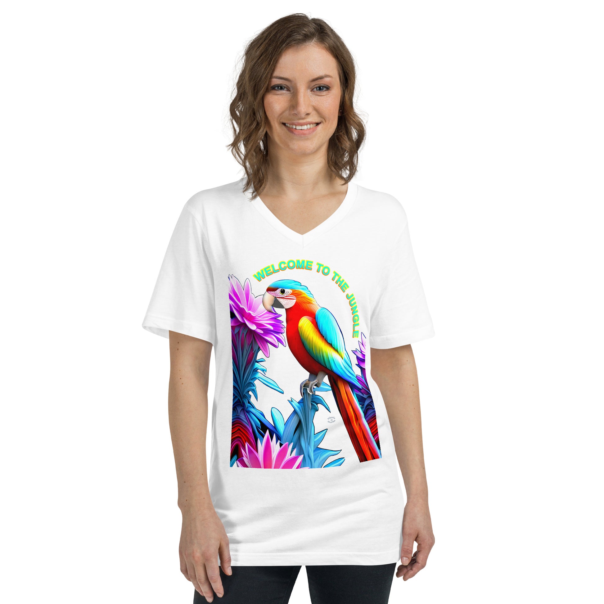 A picture of a woman wearing a tshirt with the picture of a Rainbow colored macaw surrounded by flowers and the text WELCOME TO THE JUNGLE - white front