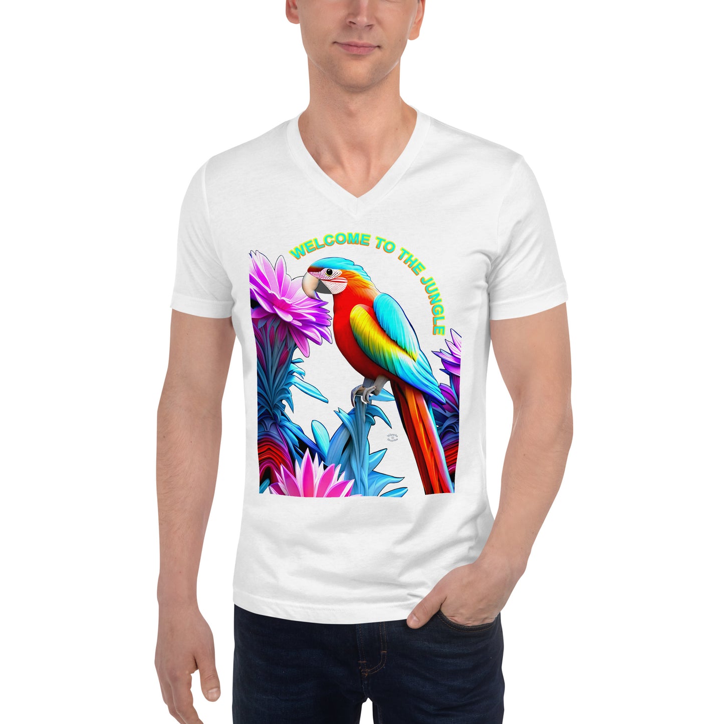 A picture of a man wearing a tshirt with the picture of a Rainbow colored macaw surrounded by flowers and the text WELCOME TO THE JUNGLE - white front