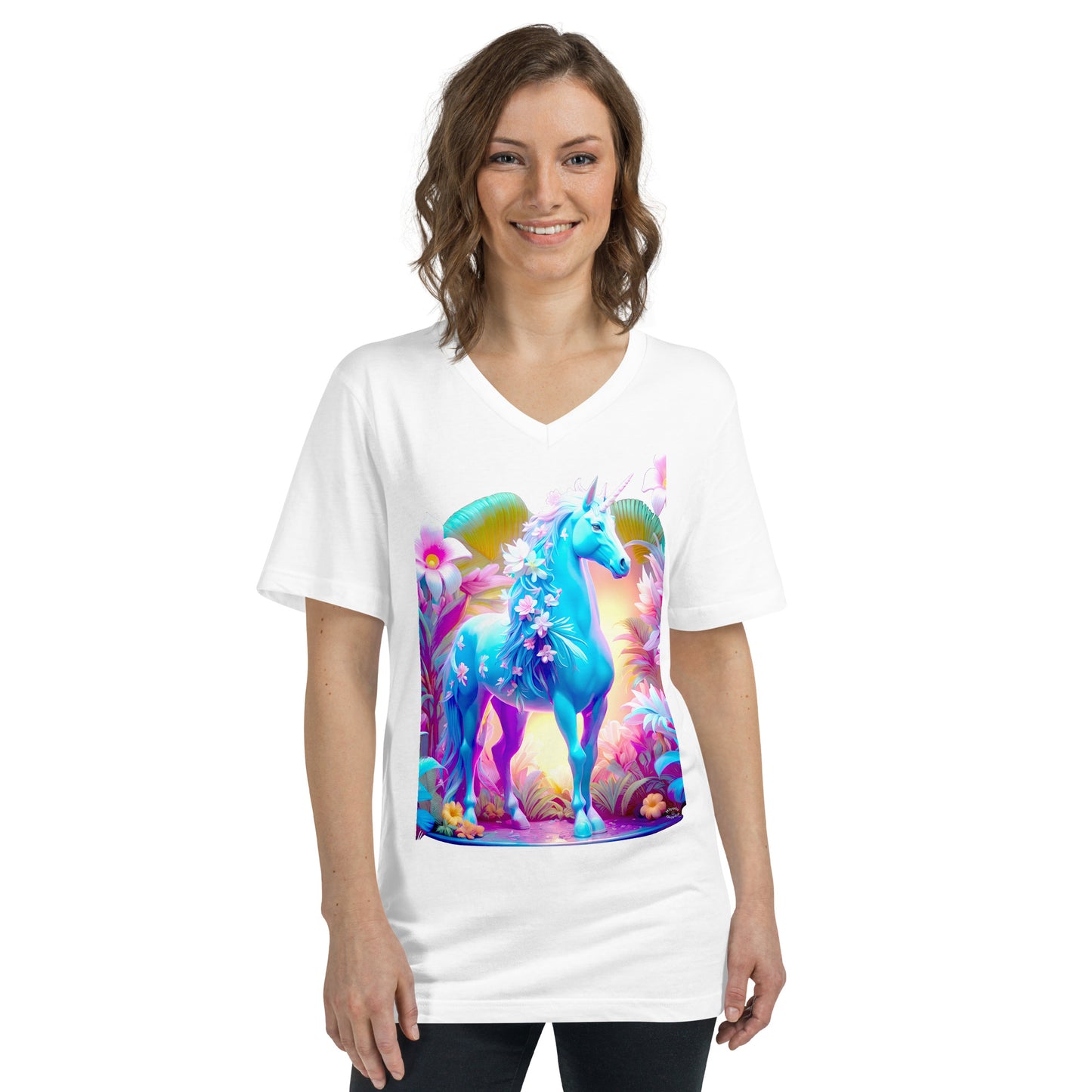 A picture of a woman wearing a tshirt with a brightly colored unicorn surrounded by a colorful garden - Jungle Unicorn Unisex Short Sleeve V-Neck TShirt Media - ft - white