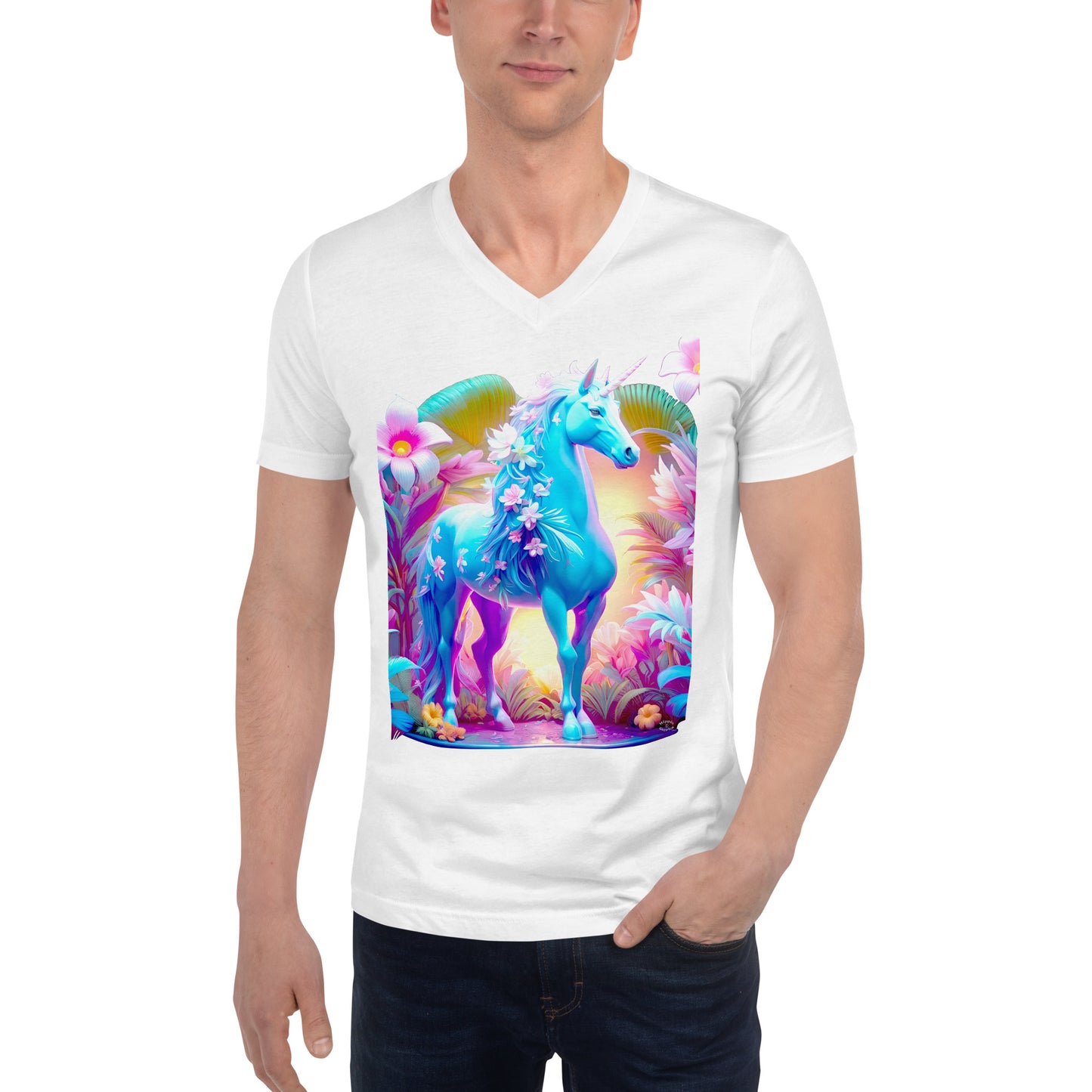 A picture of a man wearing a tshirt with a brightly colored unicorn surrounded by a colorful garden - Jungle Unicorn Unisex Short Sleeve V-Neck TShirt Media - ft - white
