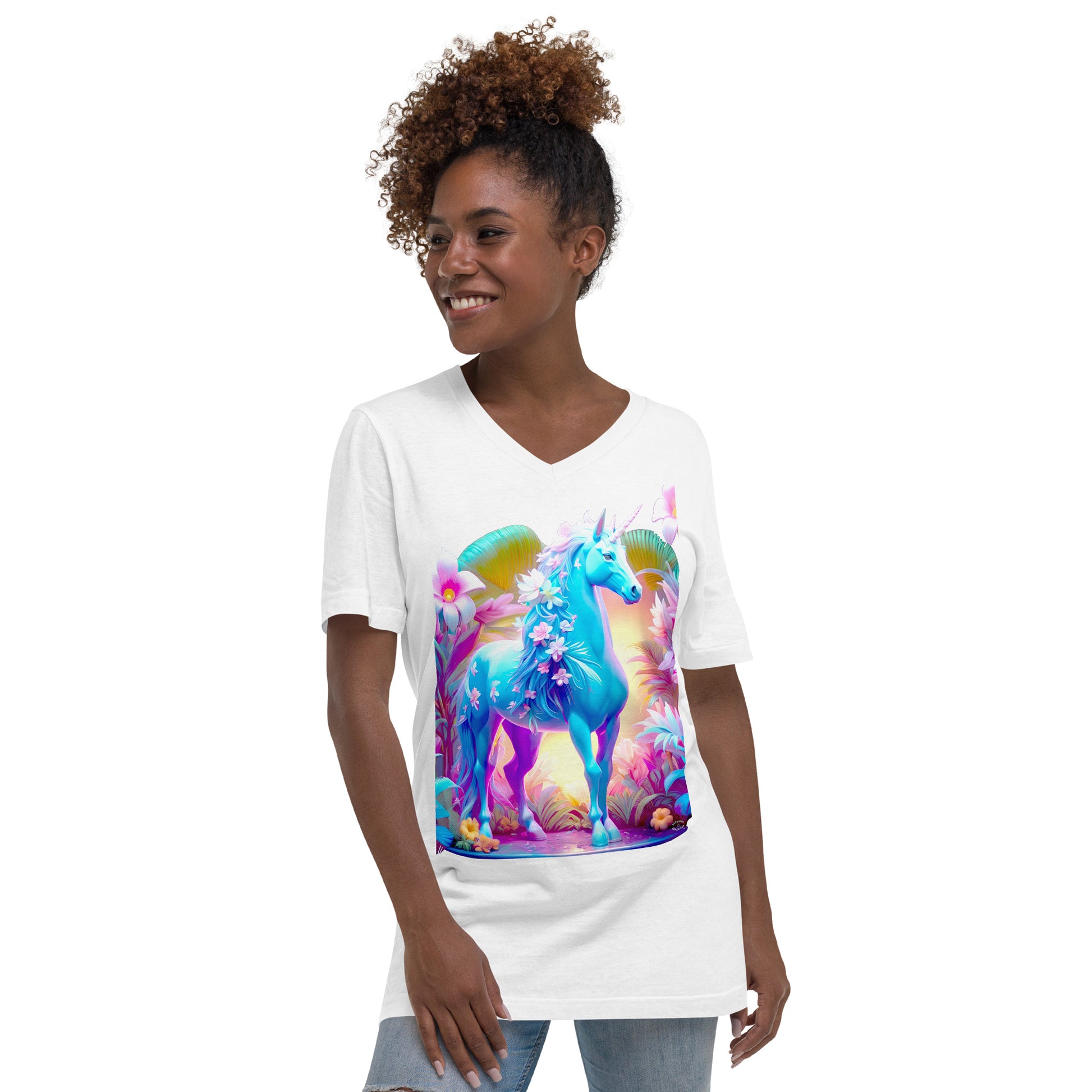 A picture of a woman wearing a tshirt with a brightly colored unicorn surrounded by a colorful garden - Jungle Unicorn Unisex Short Sleeve V-Neck TShirt Media - ft - white