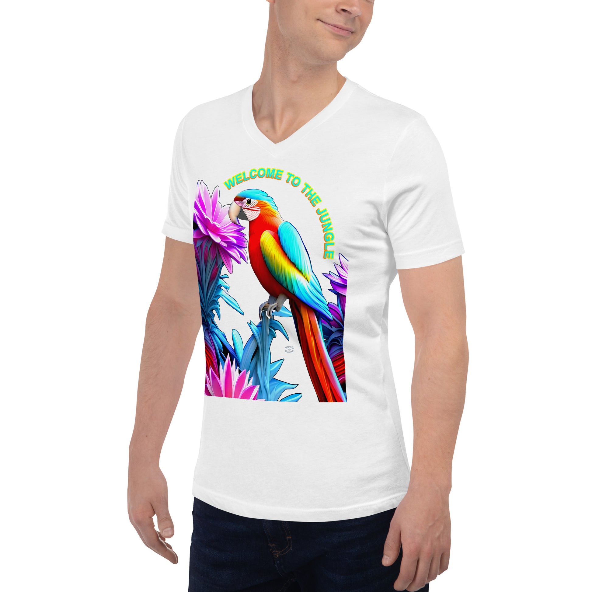 A picture of a man wearing a tshirt with the picture of a Rainbow colored macaw surrounded by flowers and the text WELCOME TO THE JUNGLE - white left front