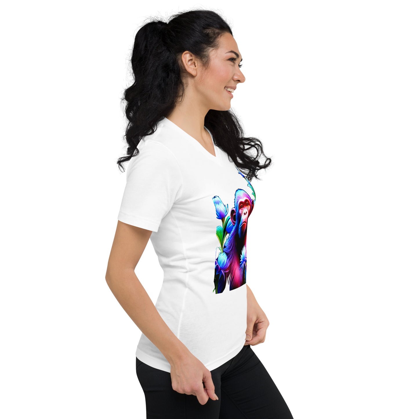 A picture of a woman wearing a v-neck short sleeve tshirt with a picture of a very colorful chimpanzee and flowers on the front - white - right front side