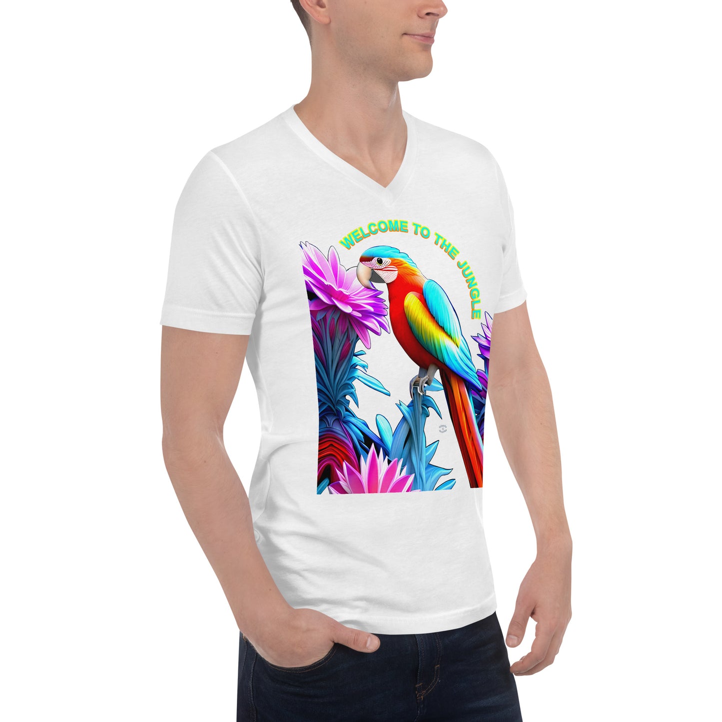 A picture of a man wearing a tshirt with the picture of a Rainbow colored macaw surrounded by flowers and the text WELCOME TO THE JUNGLE - white right front