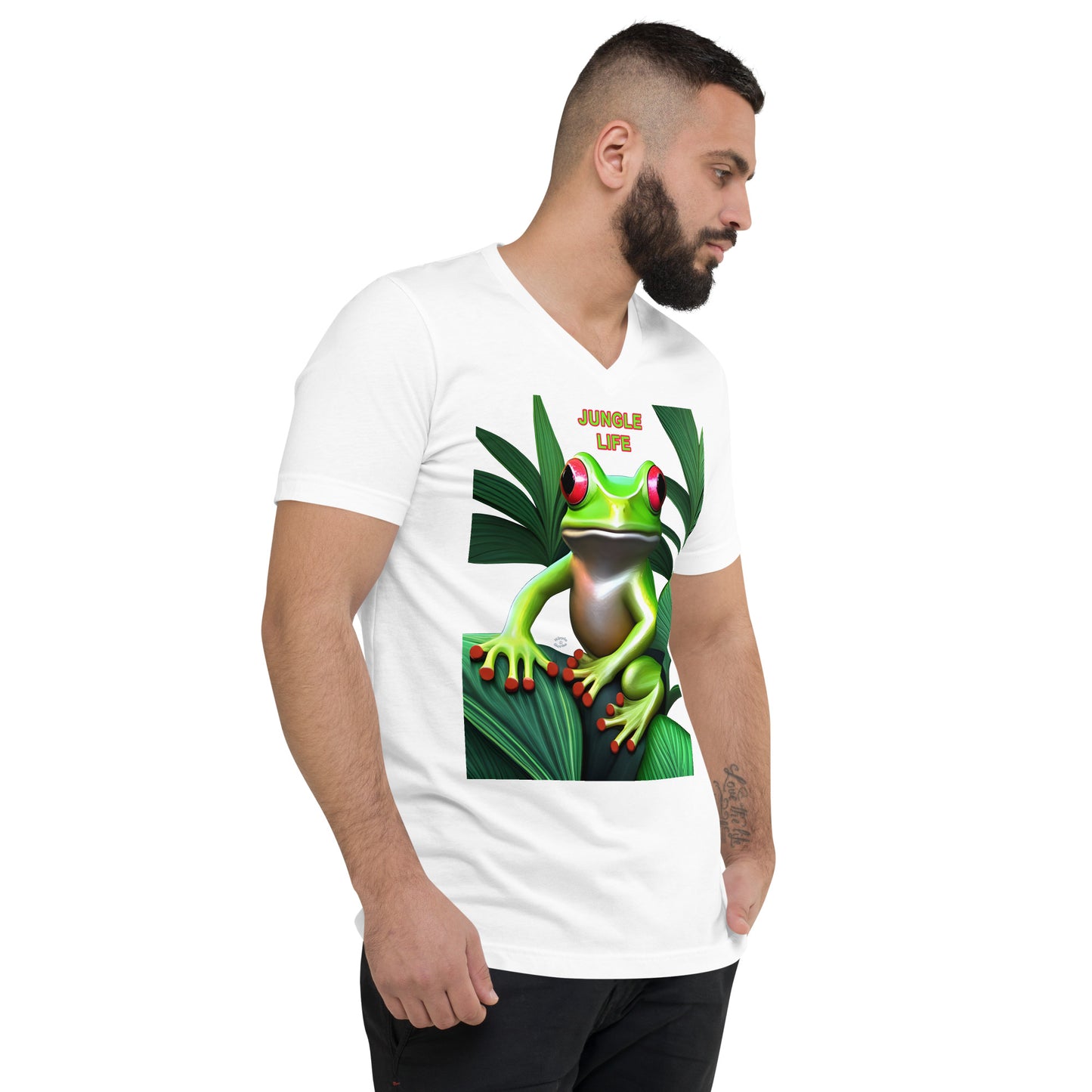 A picture of a man wearing a tshirt with a green frog poking through some leaves and the text JUNGLE LIFE - white right front