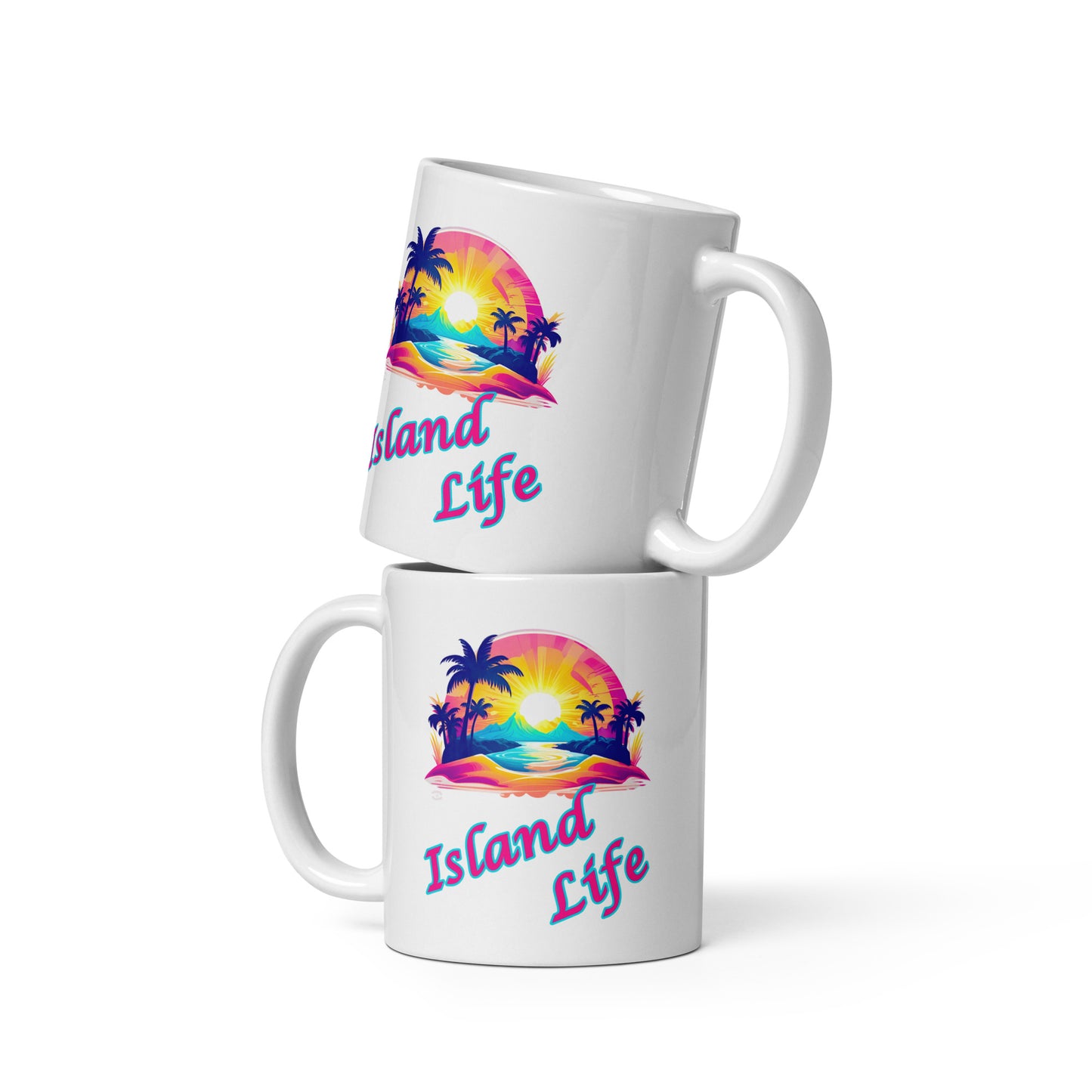 A picture of 2 empty coffee Mugs stacked on top of each other one with the left side showing and the other has the right side showing, both sides have a colorful picture of a tropical island paradise  and the text Island Life underneath - 11oz cup 