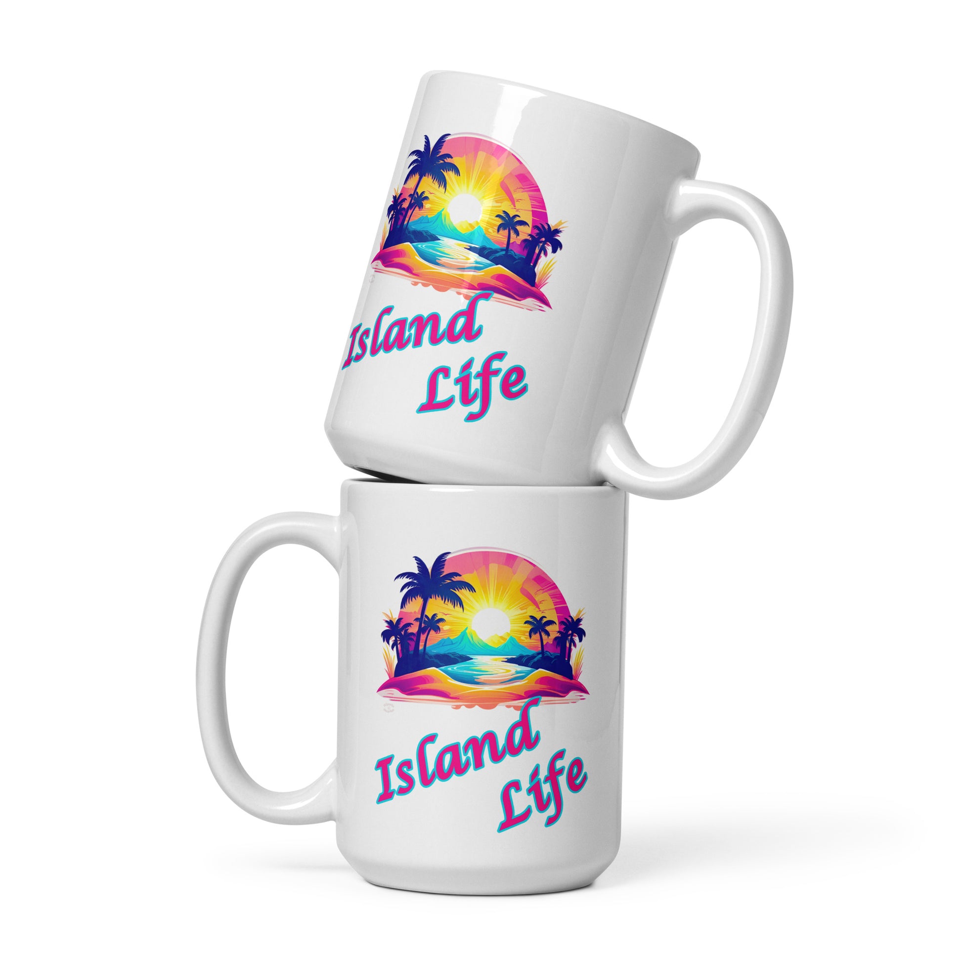 A picture of 2 empty coffee Mugs stacked on top of each other one with the left side showing and the other has the right side showing, both sides have a colorful picture of a tropical island paradise  and the text Island Life underneath - 15oz cup 