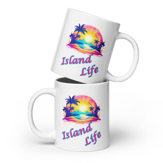 A picture of 2 empty coffee Mugs stacked on top of each other one with the left side showing and the other has the right side showing, both sides have a colorful picture of a tropical island paradise  and the text Island Life underneath - 20oz cup 