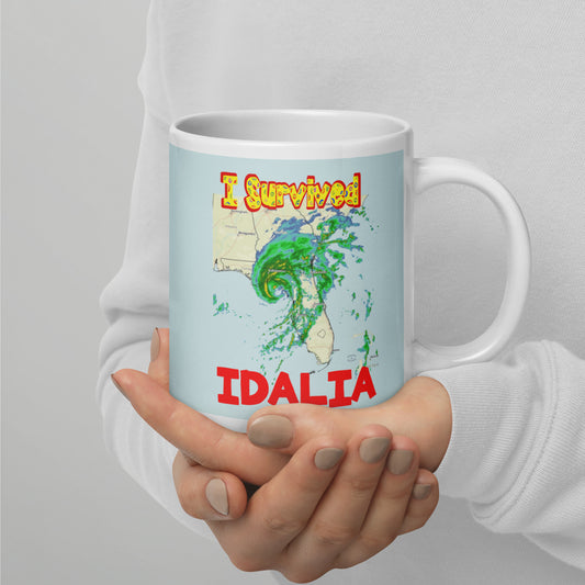 "I SURVIVED Hurricane IDALIA 2023" White Glossy Mug