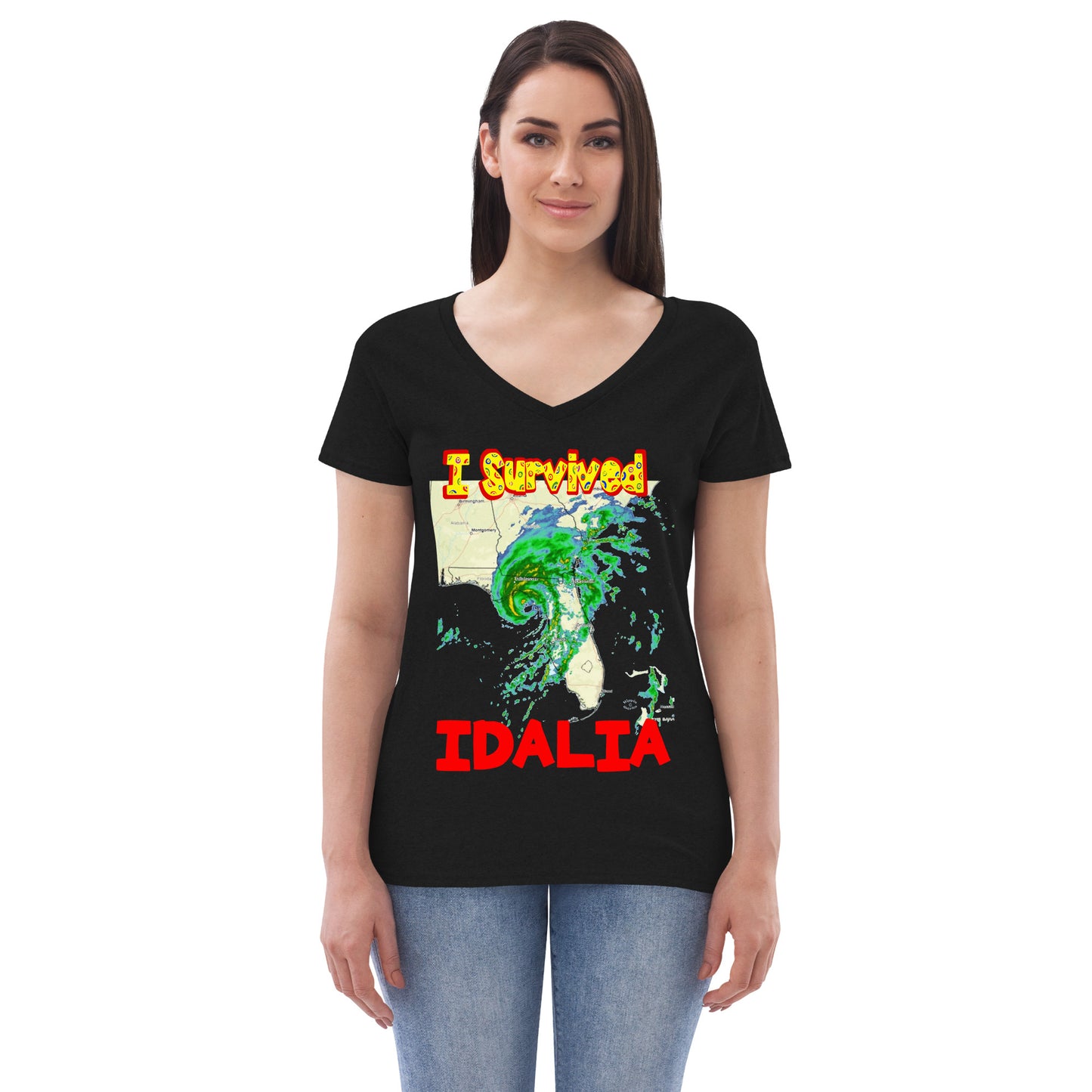 A picture of a woman wearing a v-neck tshirt with I SURVIVED Hurricane IDALIA Women’s Recycled V-Neck T-Shirt - in light black