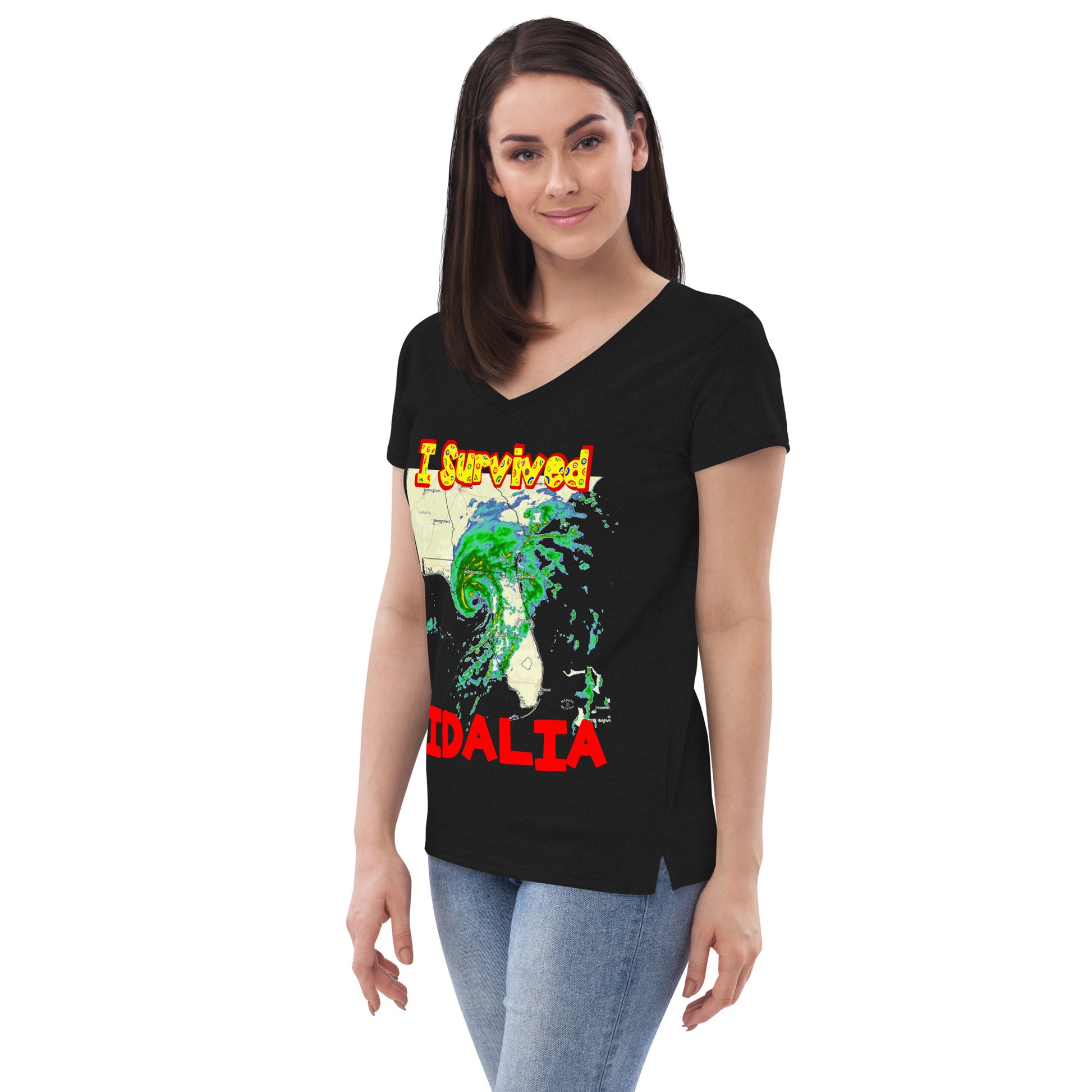 A picture of a woman wearing a v-neck tshirt with I SURVIVED Hurricane IDALIA Women’s Recycled V-Neck T-Shirt -left side view in black