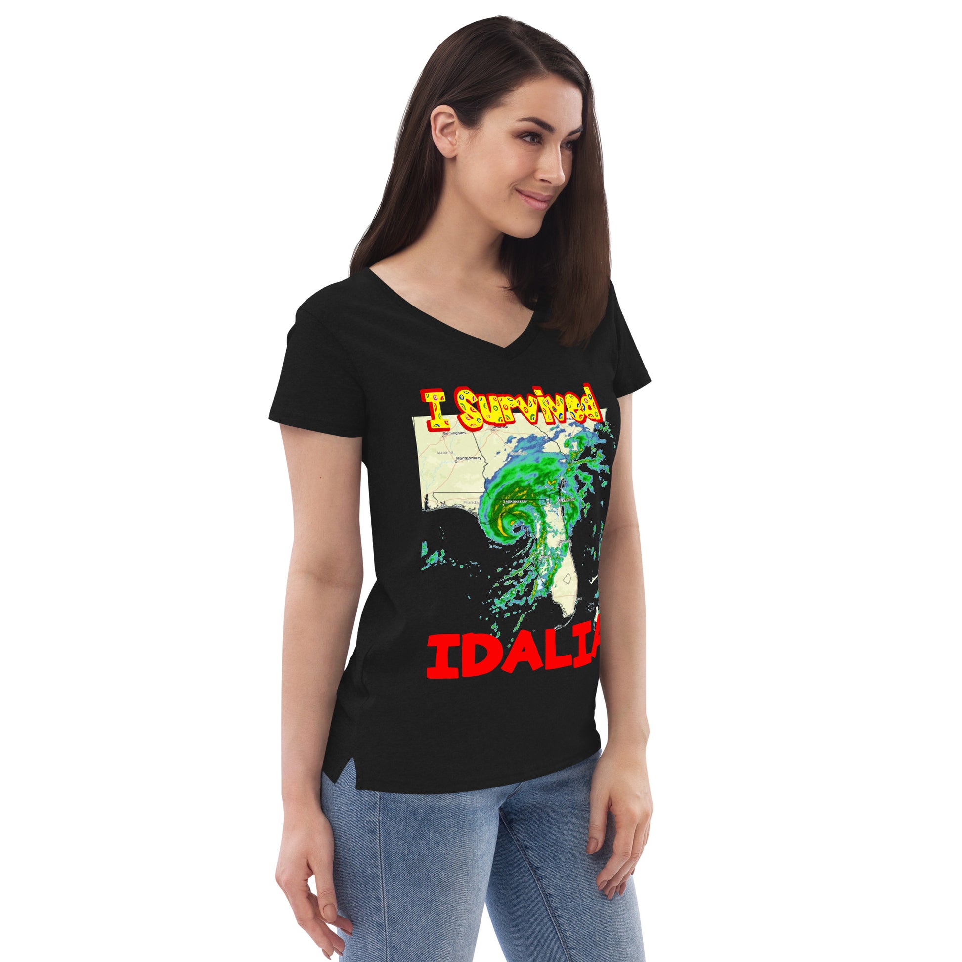 A picture of a woman wearing a v-neck tshirt with I SURVIVED Hurricane IDALIA Women’s Recycled V-Neck T-Shirt -right side view in black