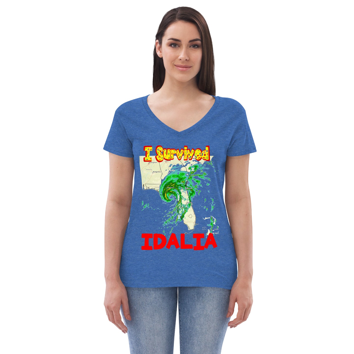 A picture of a woman wearing a v-neck tshirt with I SURVIVED Hurricane IDALIA Women’s Recycled V-Neck T-Shirt - in blue heathered