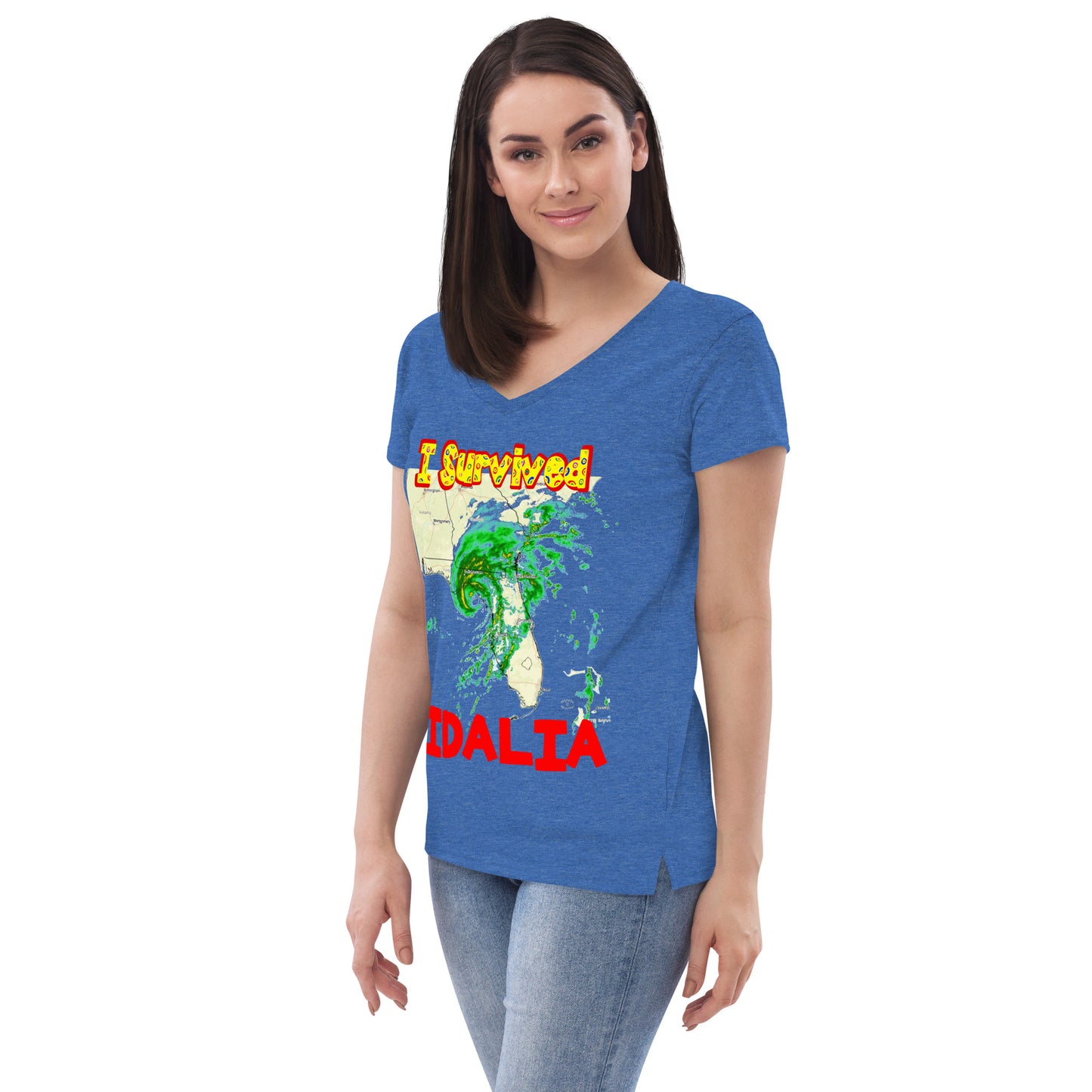 A picture of a woman wearing a v-neck tshirt with I SURVIVED Hurricane IDALIA Women’s Recycled V-Neck T-Shirt -left side view in blue heathered