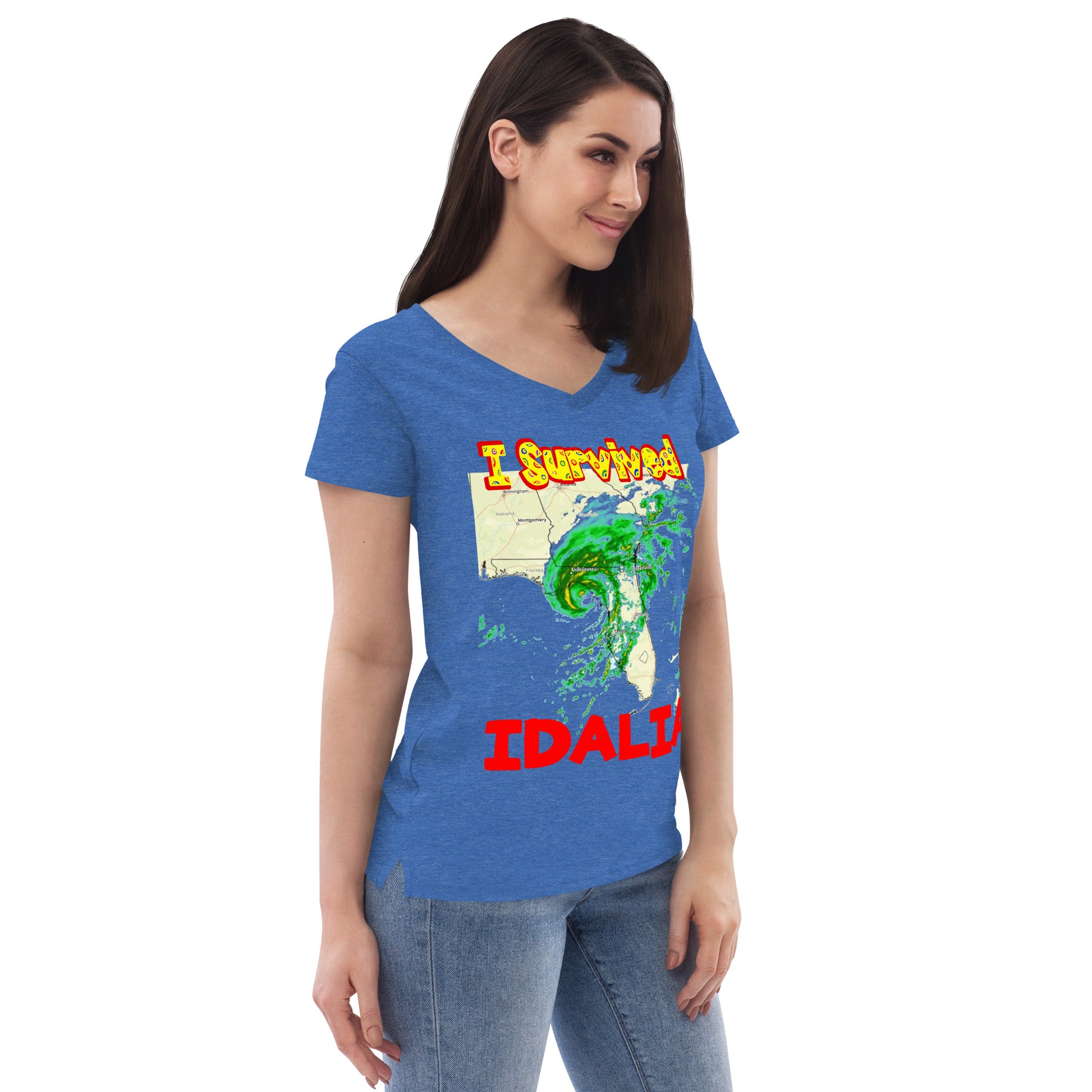 A picture of a woman wearing a v-neck tshirt with I SURVIVED Hurricane IDALIA Women’s Recycled V-Neck T-Shirt -right side view in blue heathered