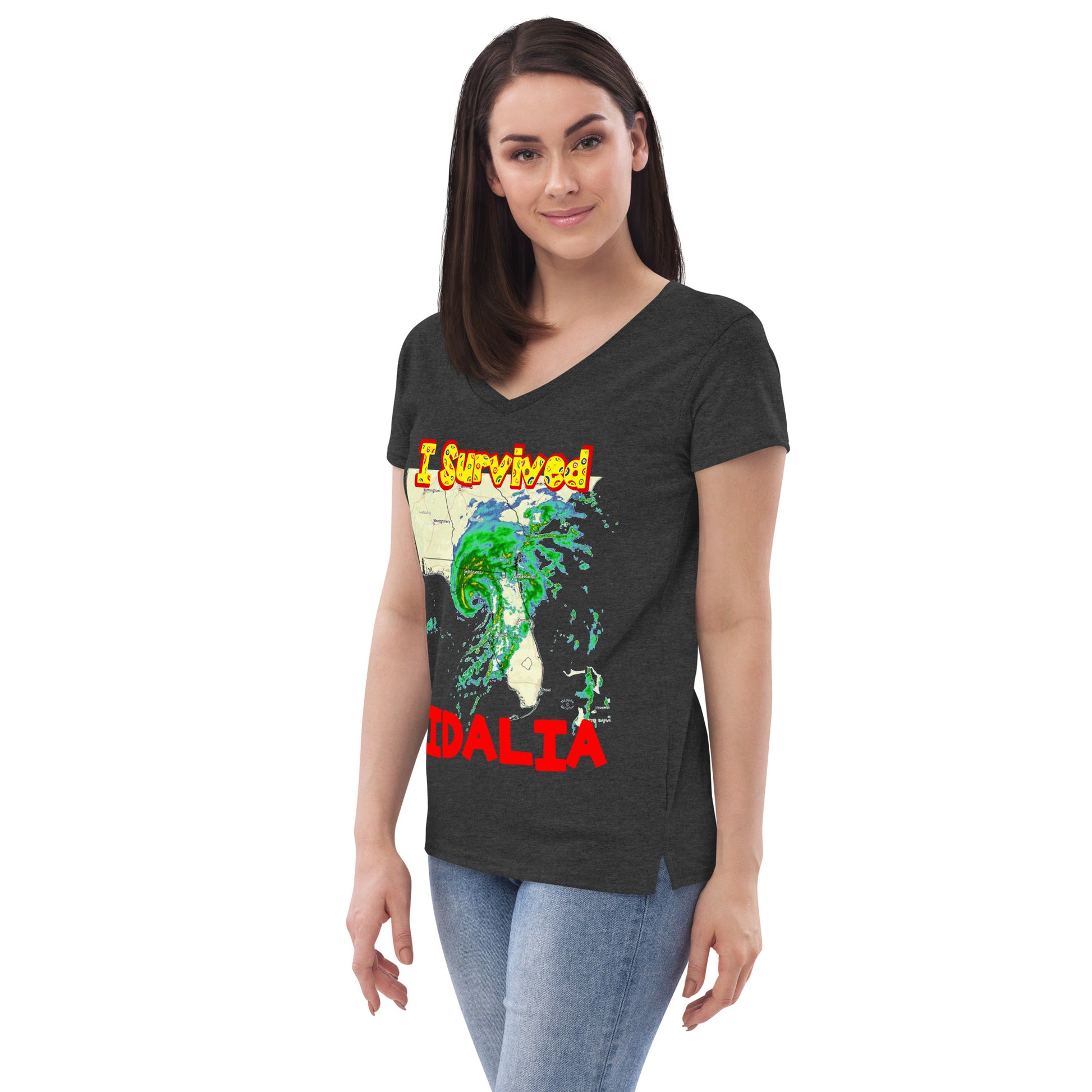 A picture of a woman wearing a v-neck tshirt with I SURVIVED Hurricane IDALIA Women’s Recycled V-Neck T-Shirt -left side view in charcoal heather