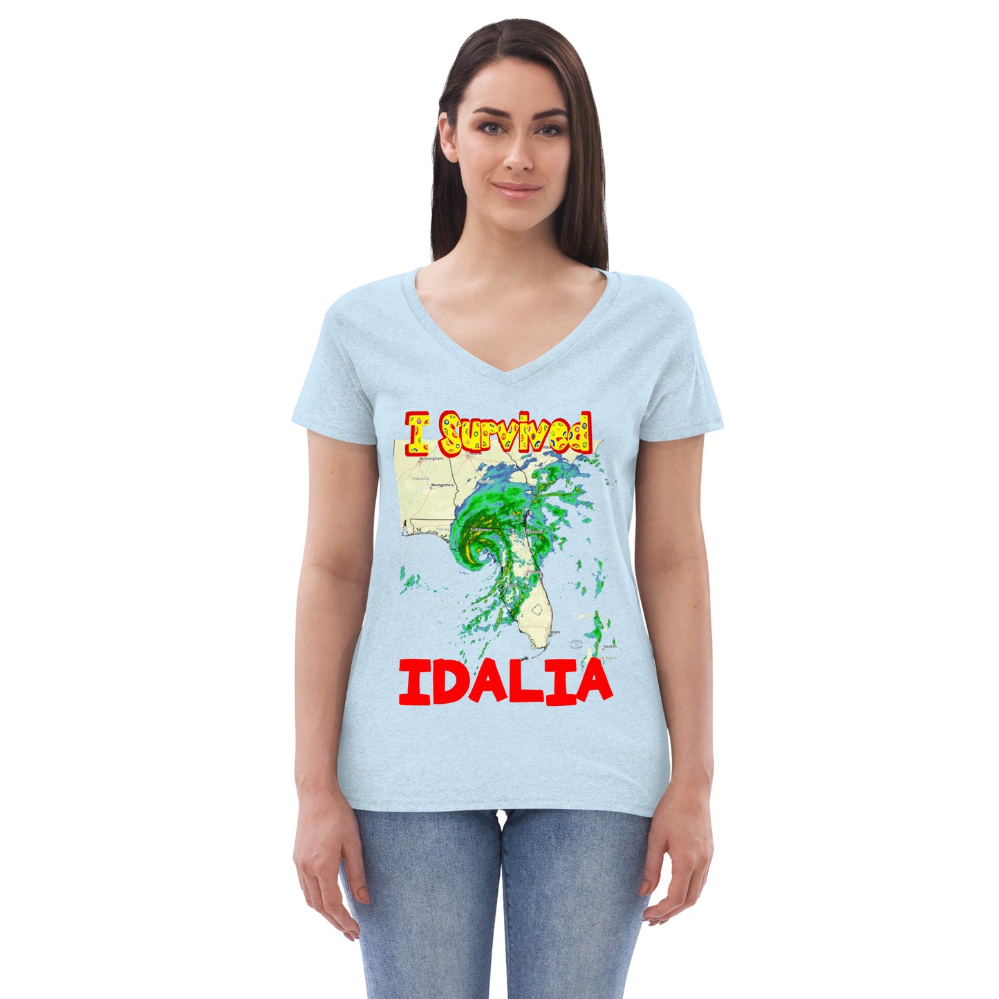 A picture of a woman wearing a v-neck tshirt with I SURVIVED Hurricane IDALIA Women’s Recycled V-Neck T-Shirt -in crystal blue