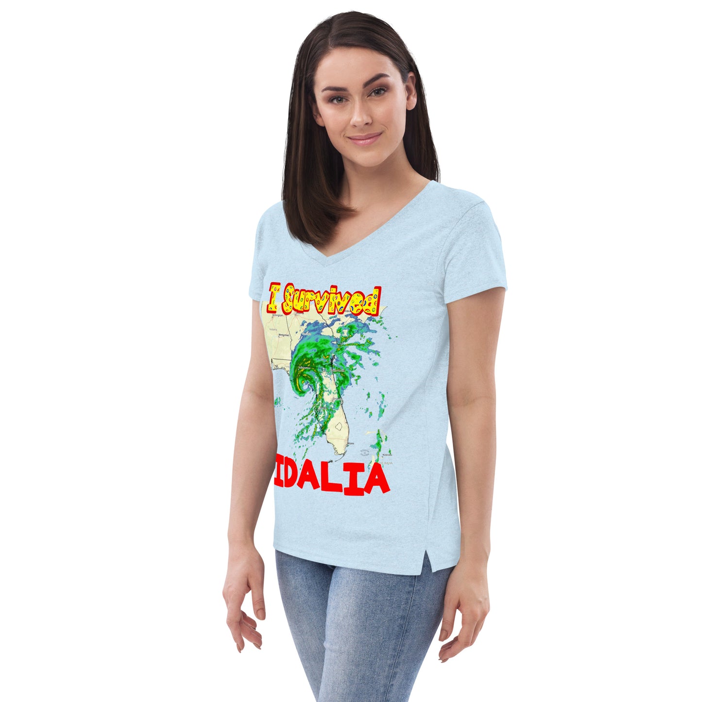 A picture of a woman wearing a v-neck tshirt with I SURVIVED Hurricane IDALIA Women’s Recycled V-Neck T-Shirt - left side view in crystal blue