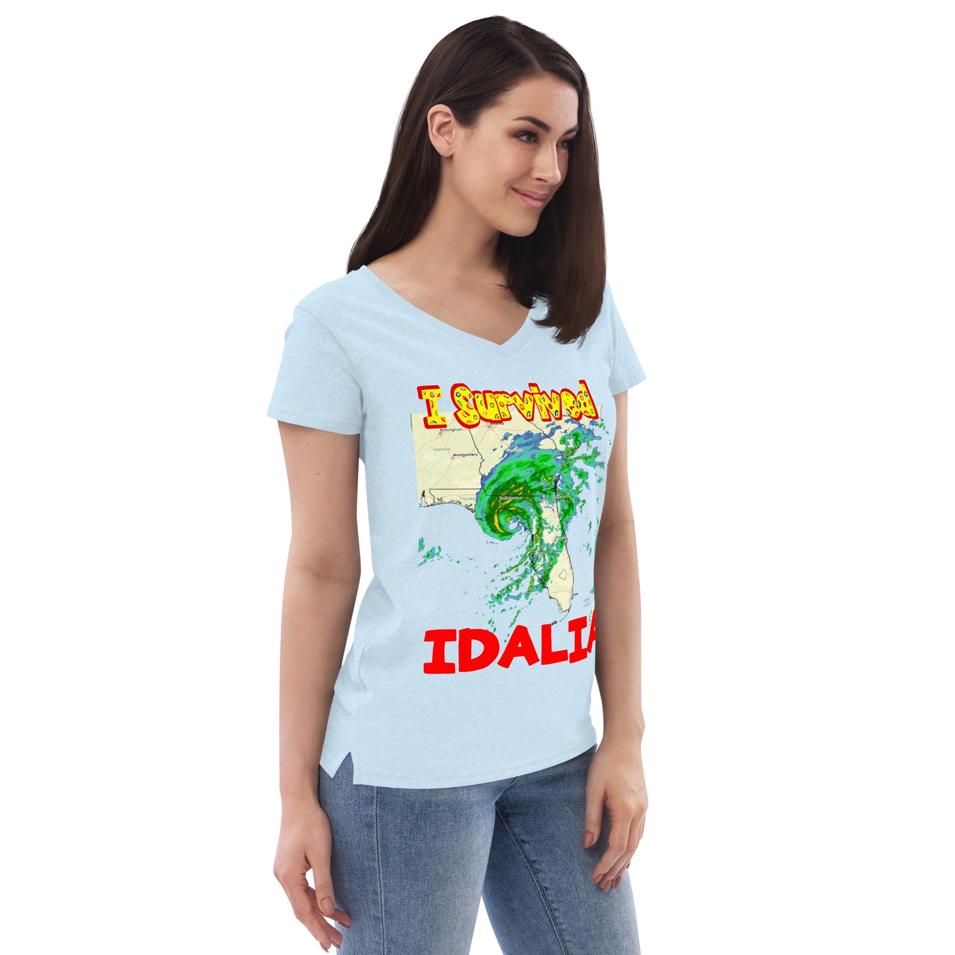 A picture of a woman wearing a v-neck tshirt with I SURVIVED Hurricane IDALIA Women’s Recycled V-Neck T-Shirt -right side view in crystal blue