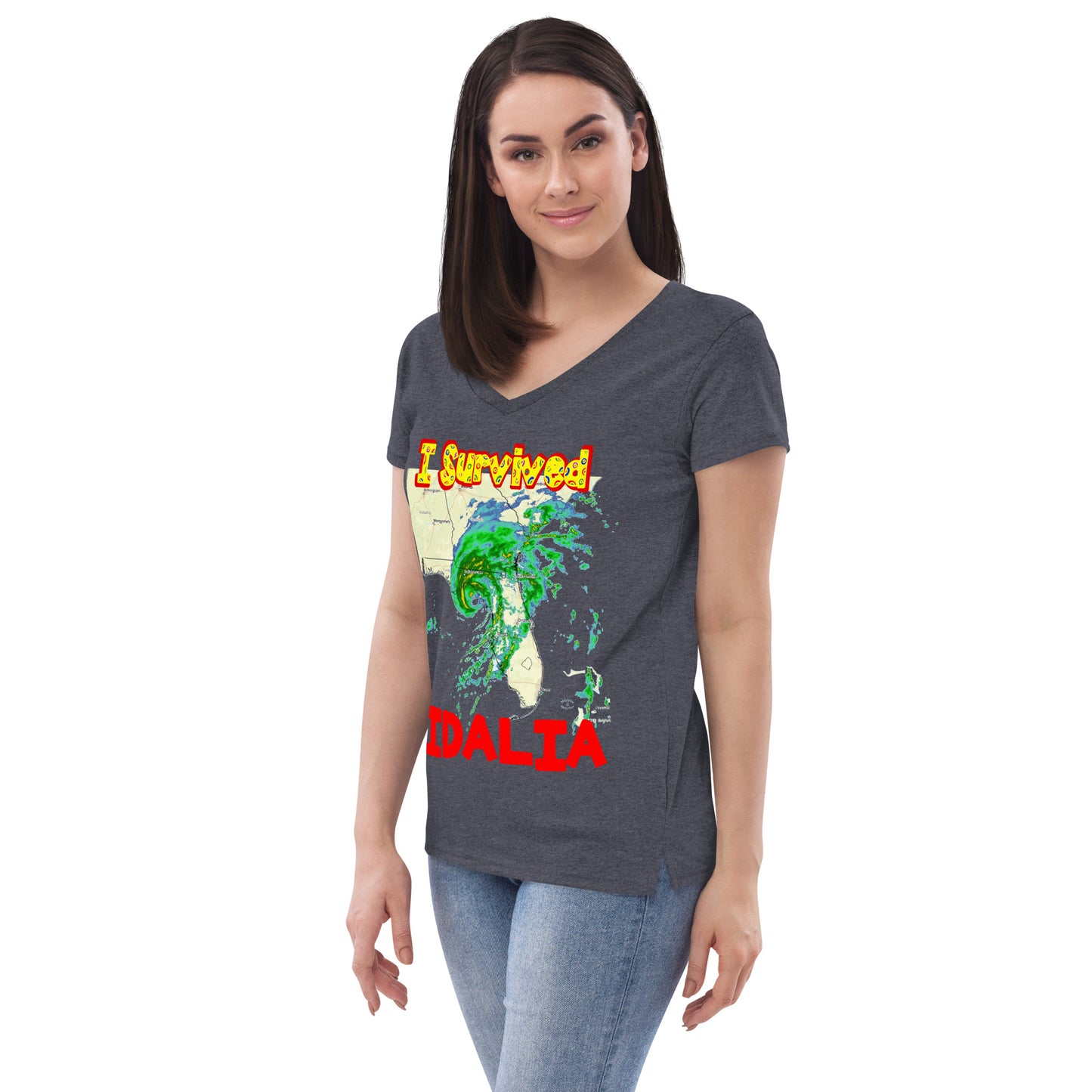 A picture of a woman wearing a v-neck tshirt with I SURVIVED Hurricane IDALIA Women’s Recycled V-Neck T-Shirt -left side view in heathered navy