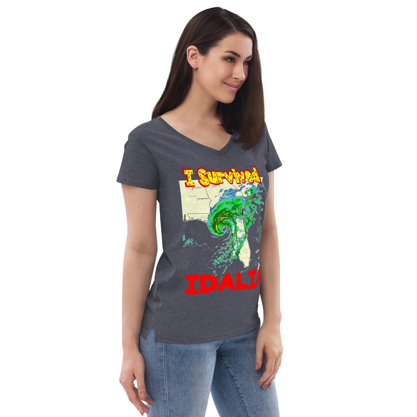 A picture of a woman wearing a v-neck tshirt with I SURVIVED Hurricane IDALIA Women’s Recycled V-Neck T-Shirt -right side view in heathered navy