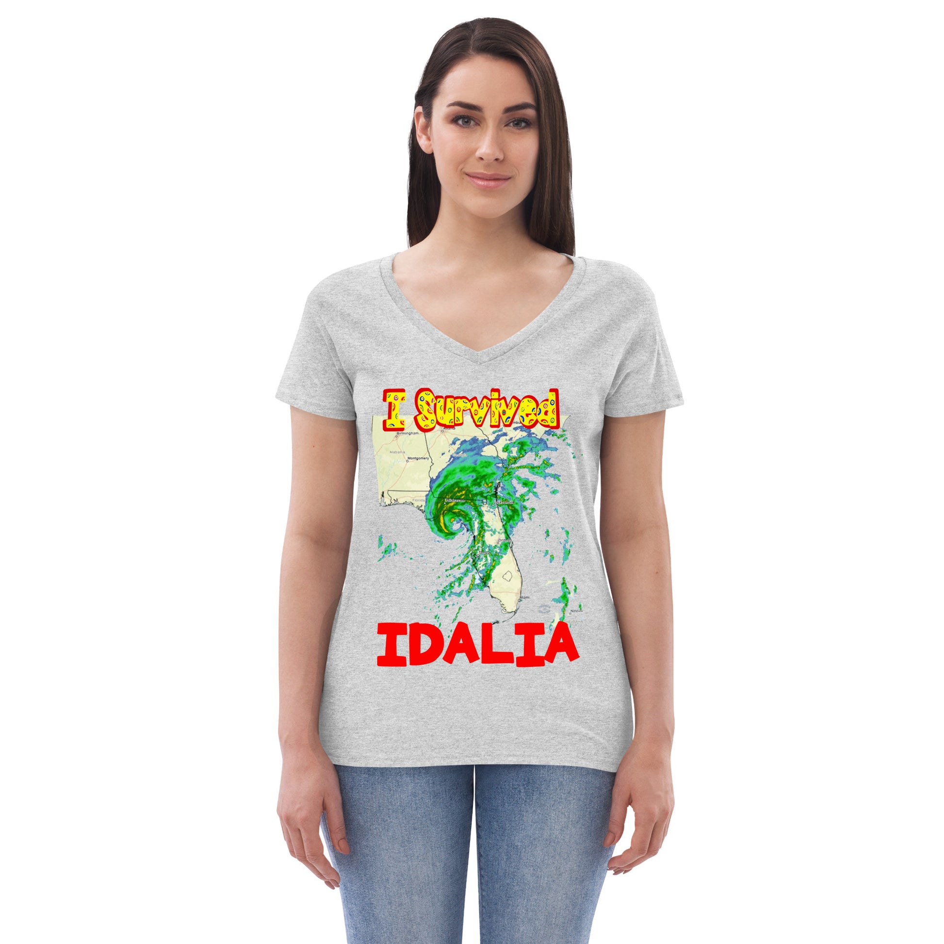 A picture of a woman wearing a v-neck tshirt with I SURVIVED Hurricane IDALIA Women’s Recycled V-Neck T-Shirt - in light heather grey