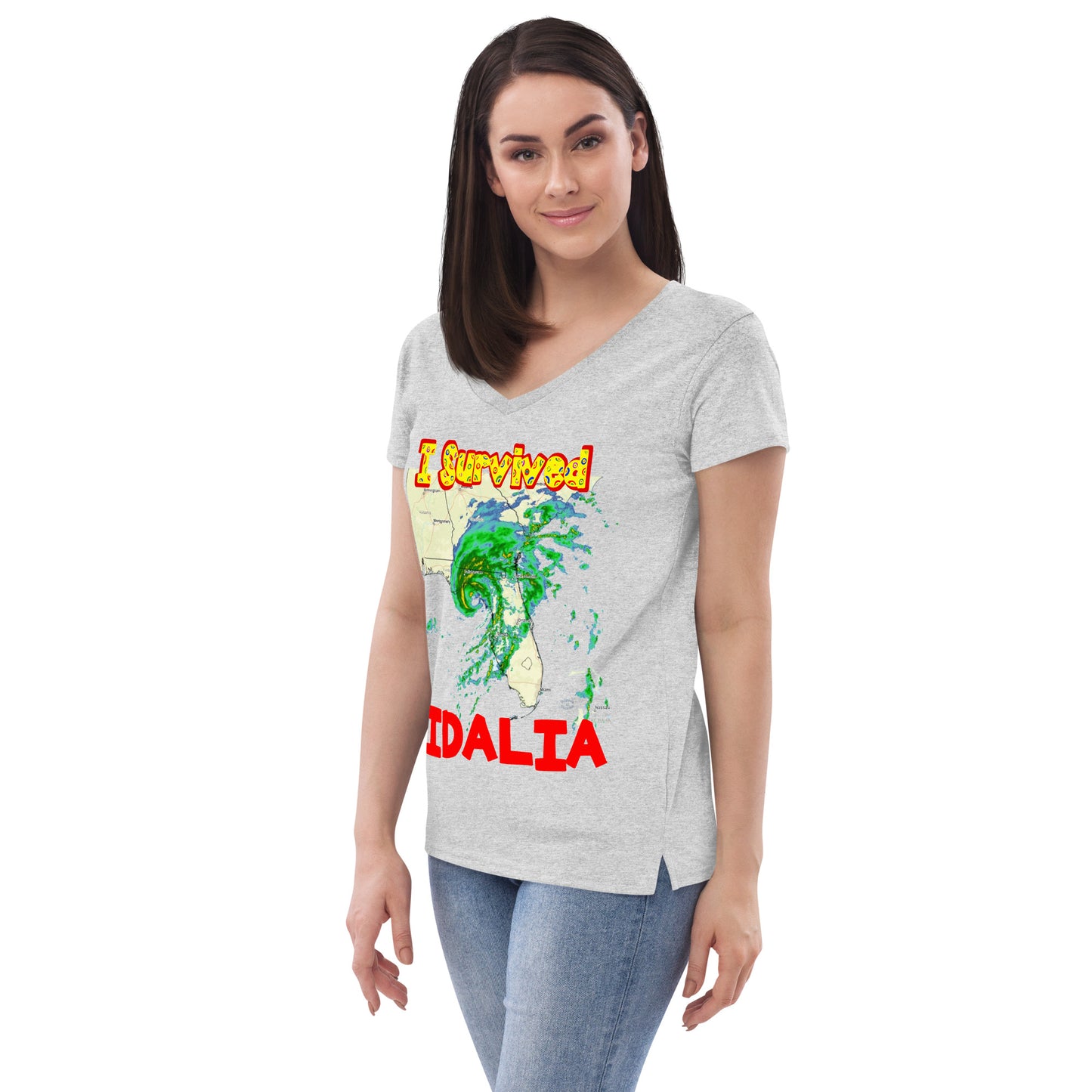 A picture of a woman wearing a v-neck tshirt with I SURVIVED Hurricane IDALIA Women’s Recycled V-Neck T-Shirt -left side view in grey heather